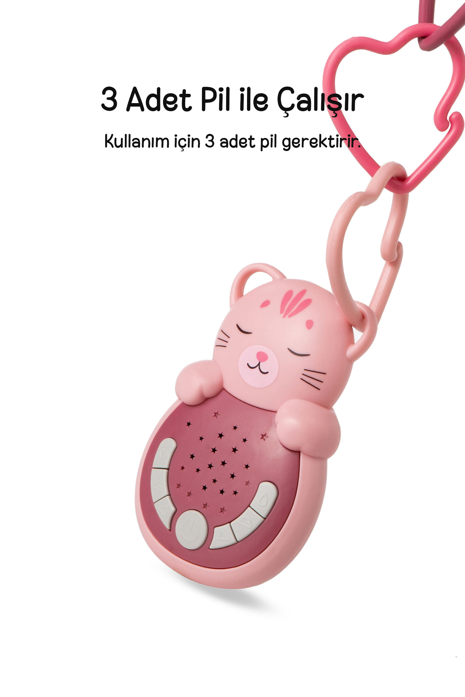 Düğmeli ve yıldız desenli, kalp şeklinde halkaya asılı pembe ayıcık bebek oyuncagi.