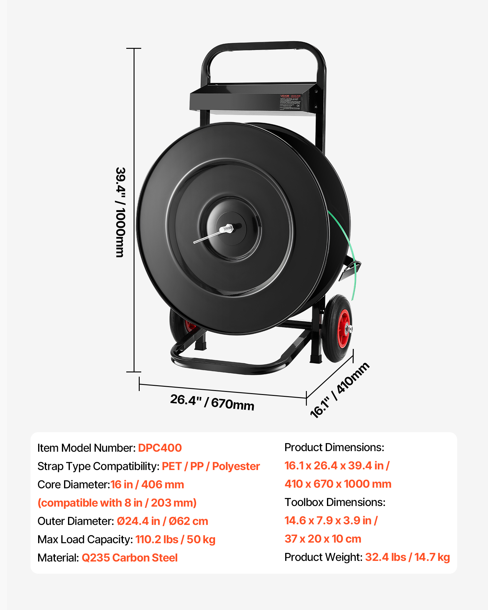 Carro dispensador de fleje negro con ruedas, indicadores de dimensiones y especificaciones técnicas.