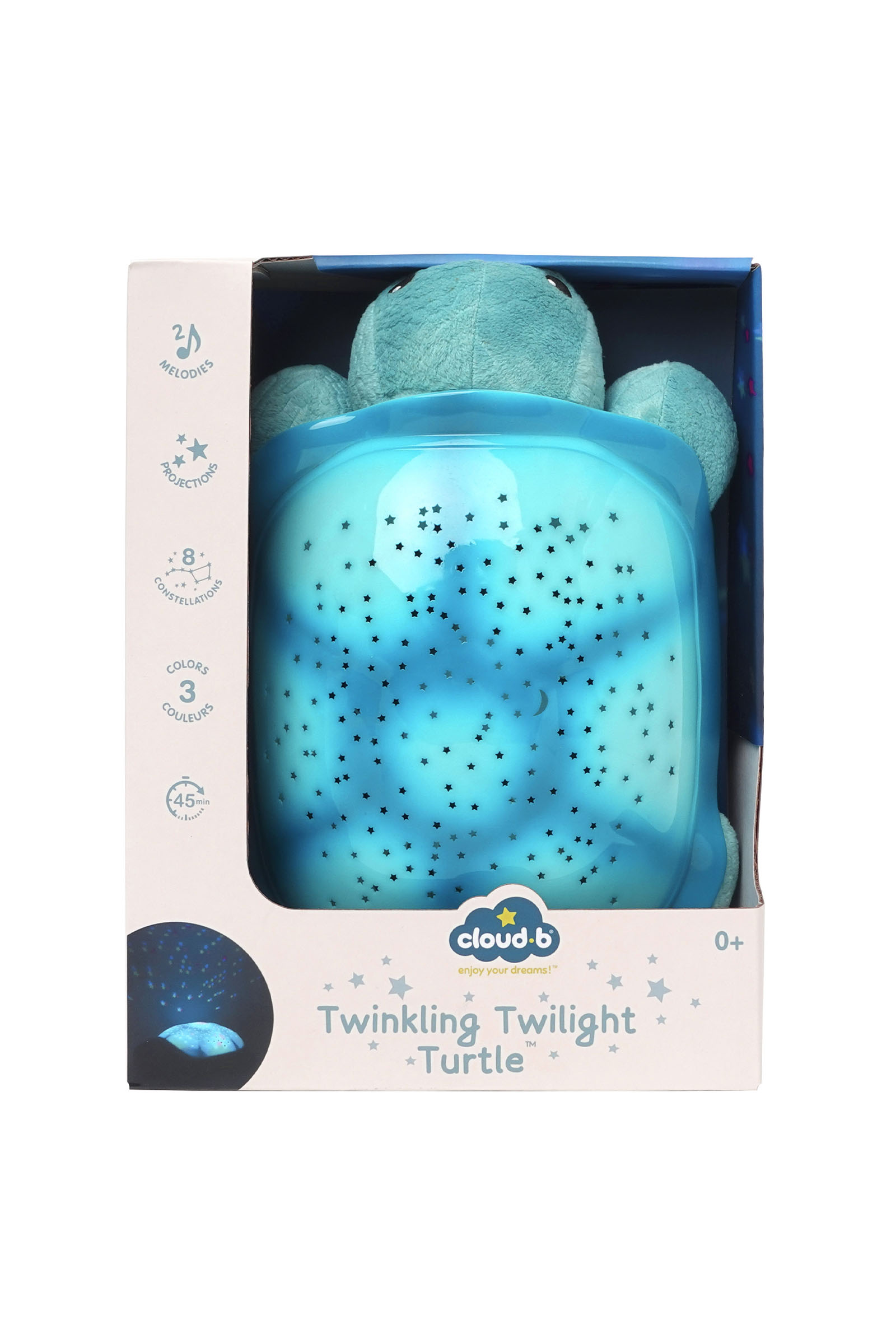Mavi yıldız projektör kabuklu ve peluş kafalı Cloud b Twinkling Twilight Kaplumbağa kutuda.