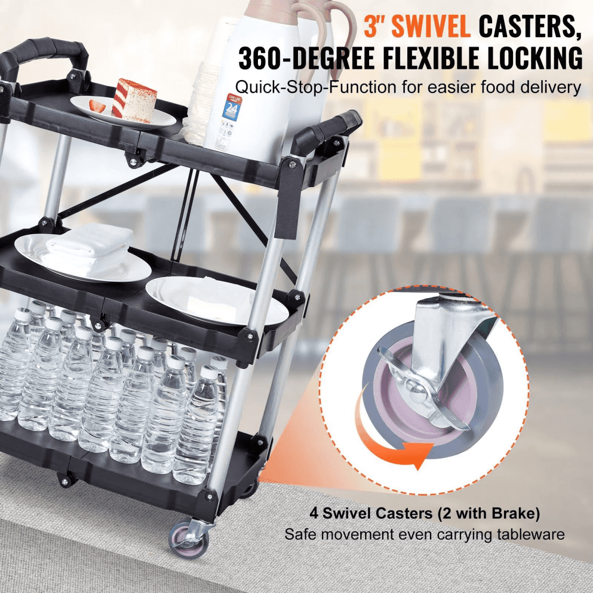 Un carrito de servicio de tres niveles con bebidas, platos y una vista ampliada de una rueda giratoria con freno.