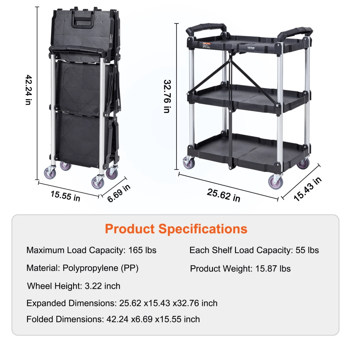 Un carrito plegable negro mostrado plegado y desplegado con dimensiones y especificaciones.