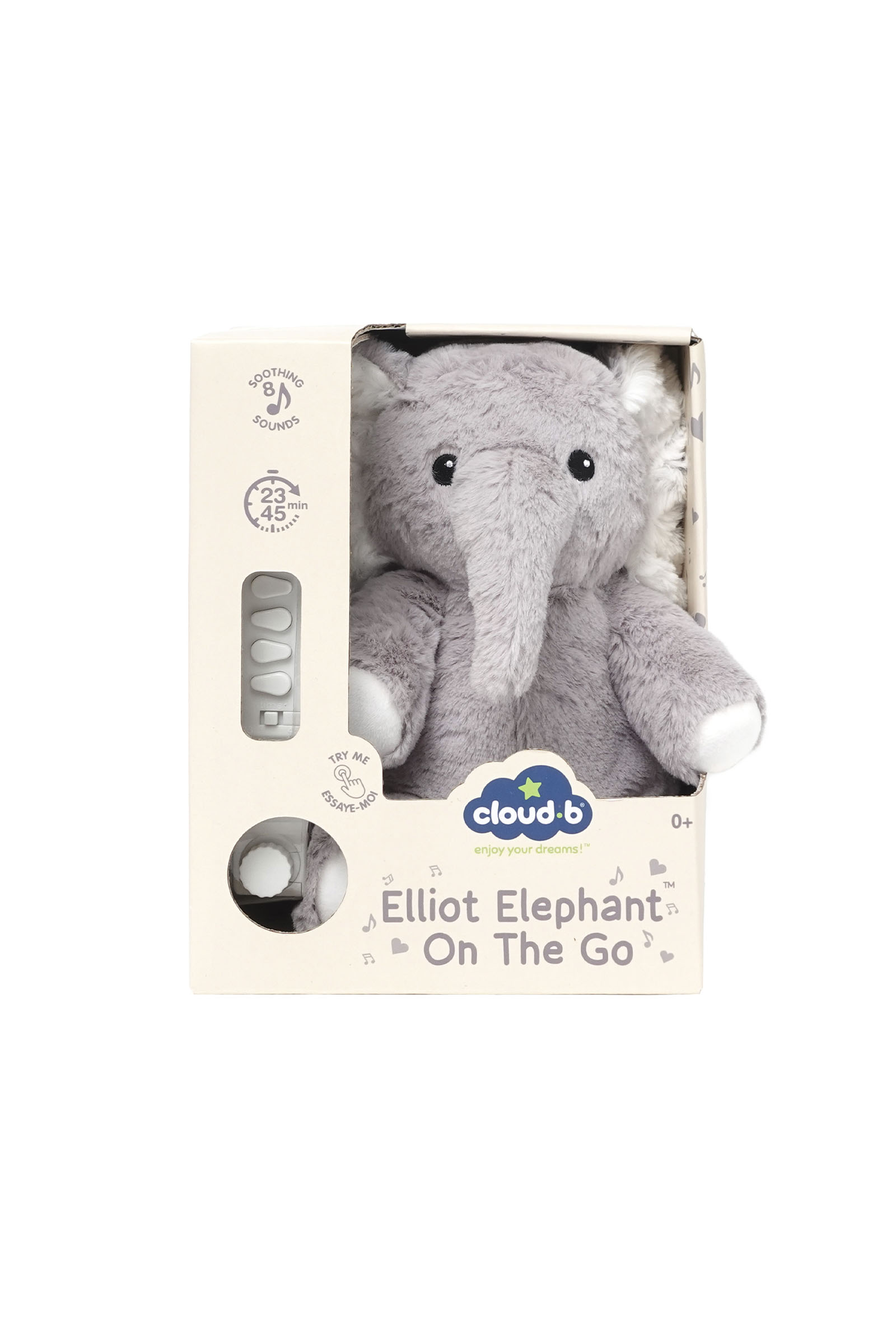 Ses ve zamanlayıcı özelliklerine sahip açık renkli kutuda Cloud b Elliot Elephant peluş oyuncak.