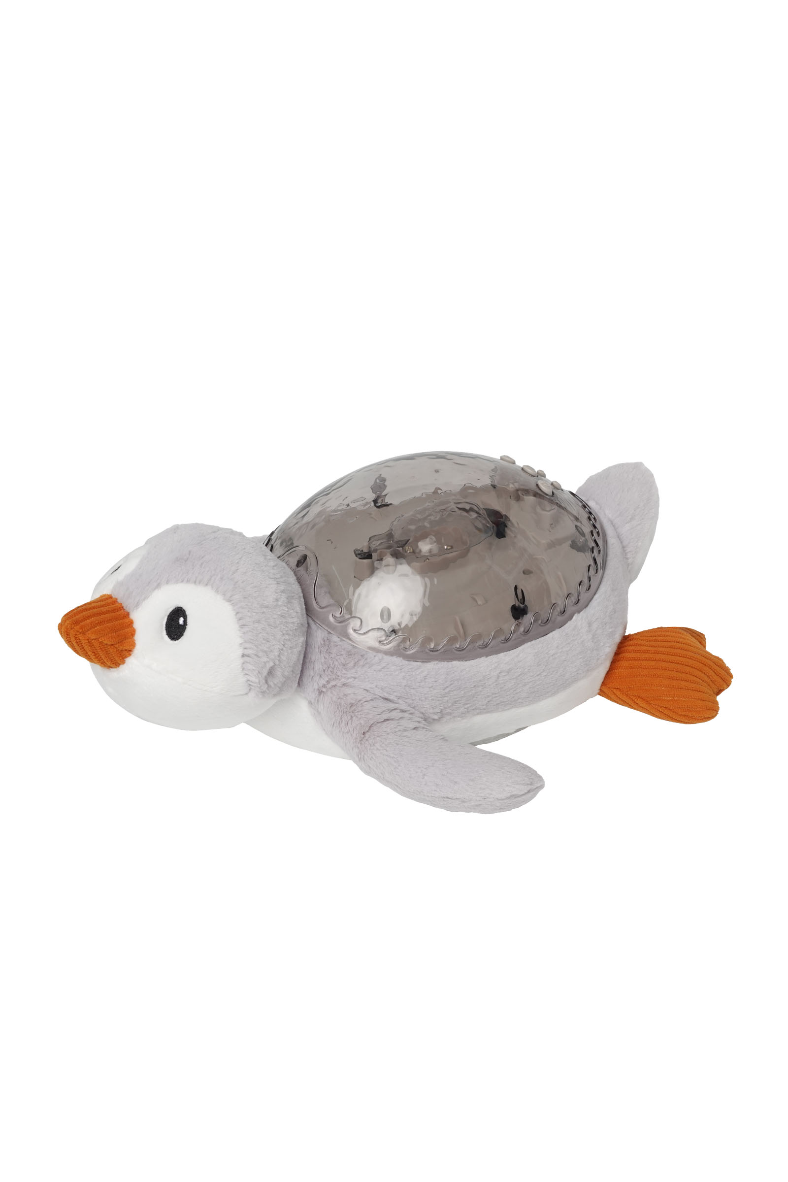 Turuncu gaga ve ayaklara, sırtında gri şeffaf kabuğa sahip gri-beyaz peluş penguen.