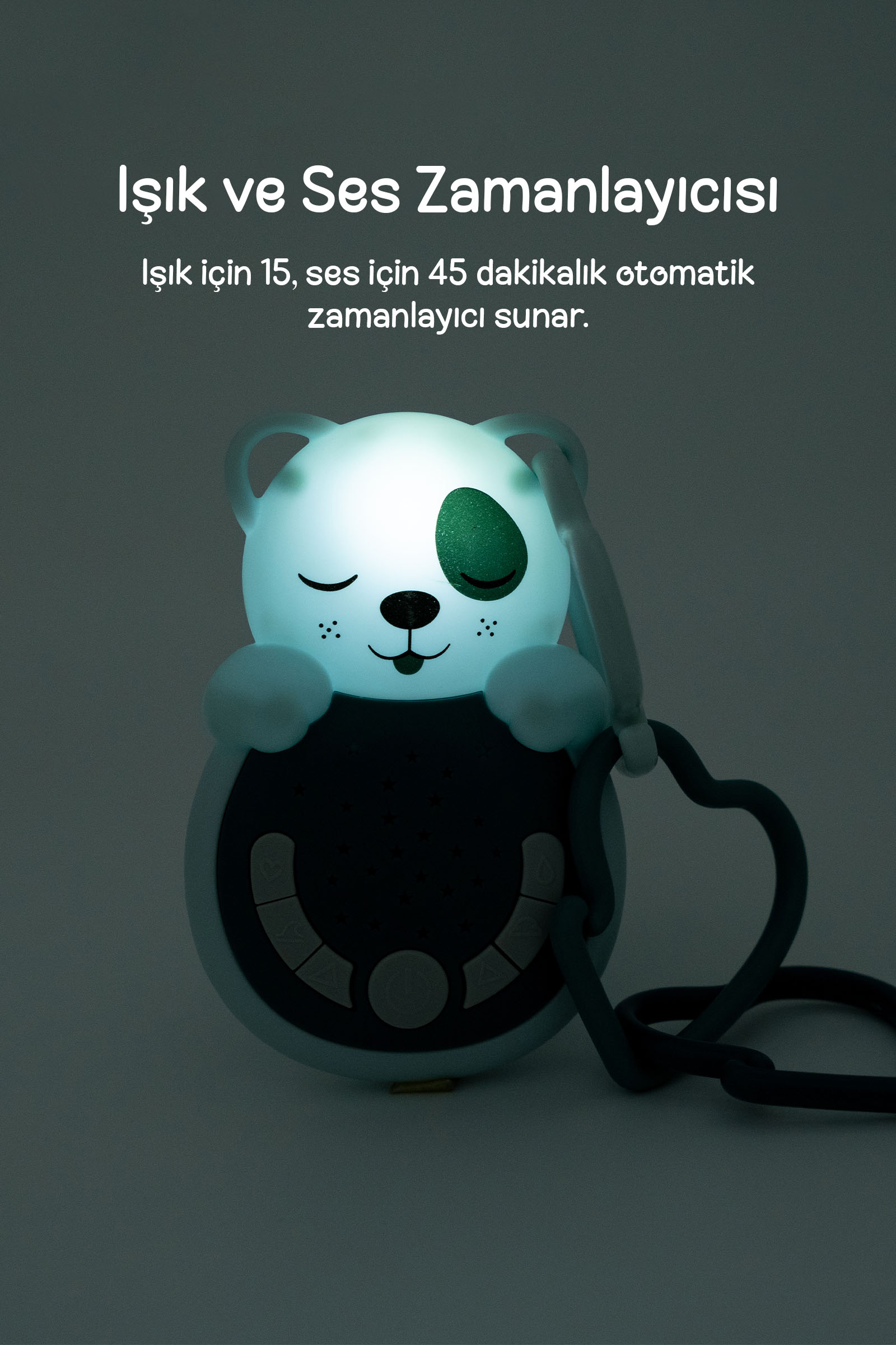 Işık ve ses için otomatik zamanlayıcılı, ışıklı uyuyan ayı oyuncağı.