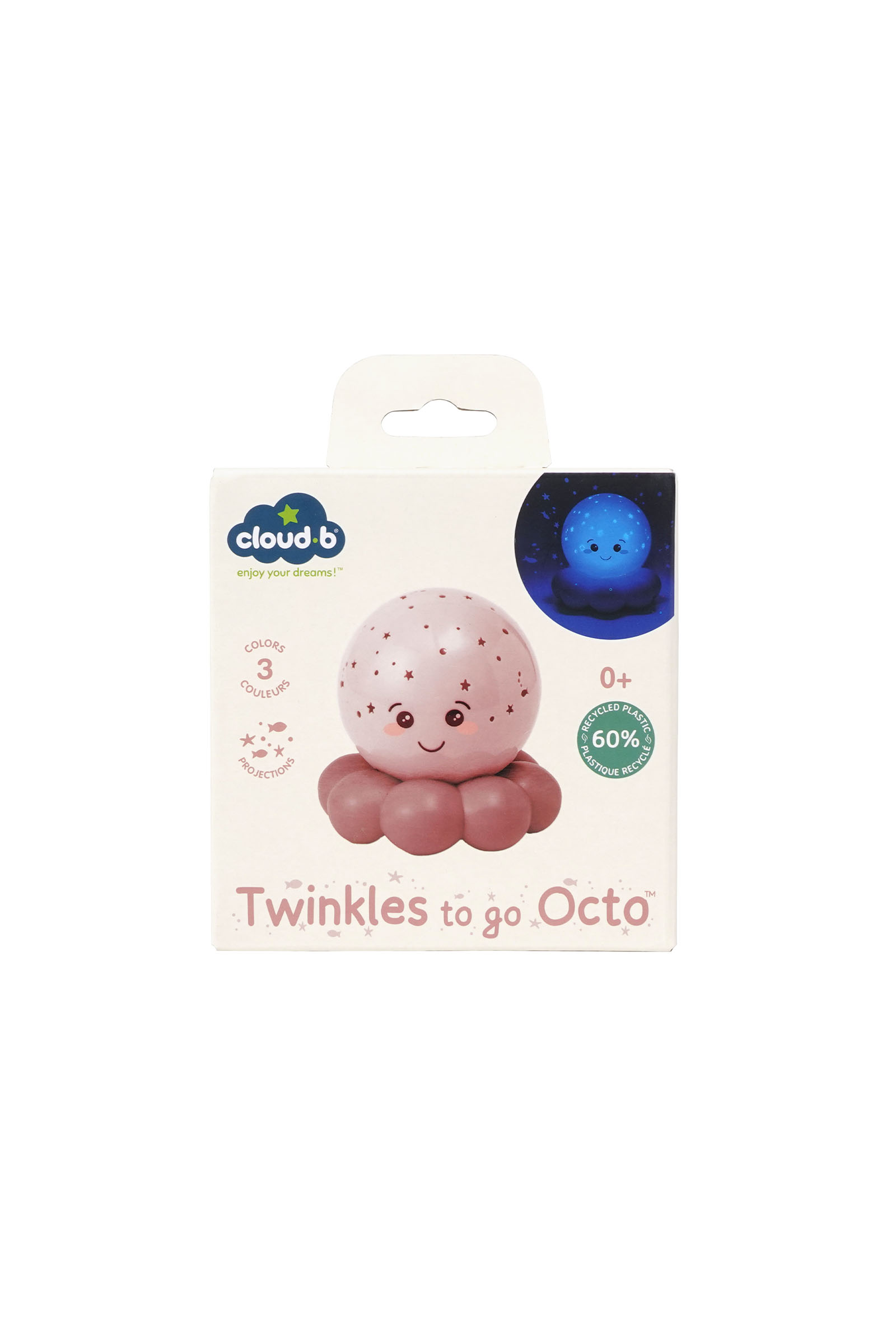 Cloud b Twinkles to go Octo ambalajı, yıldız projeksiyonlu pembe bir ahtapot gece lambası.