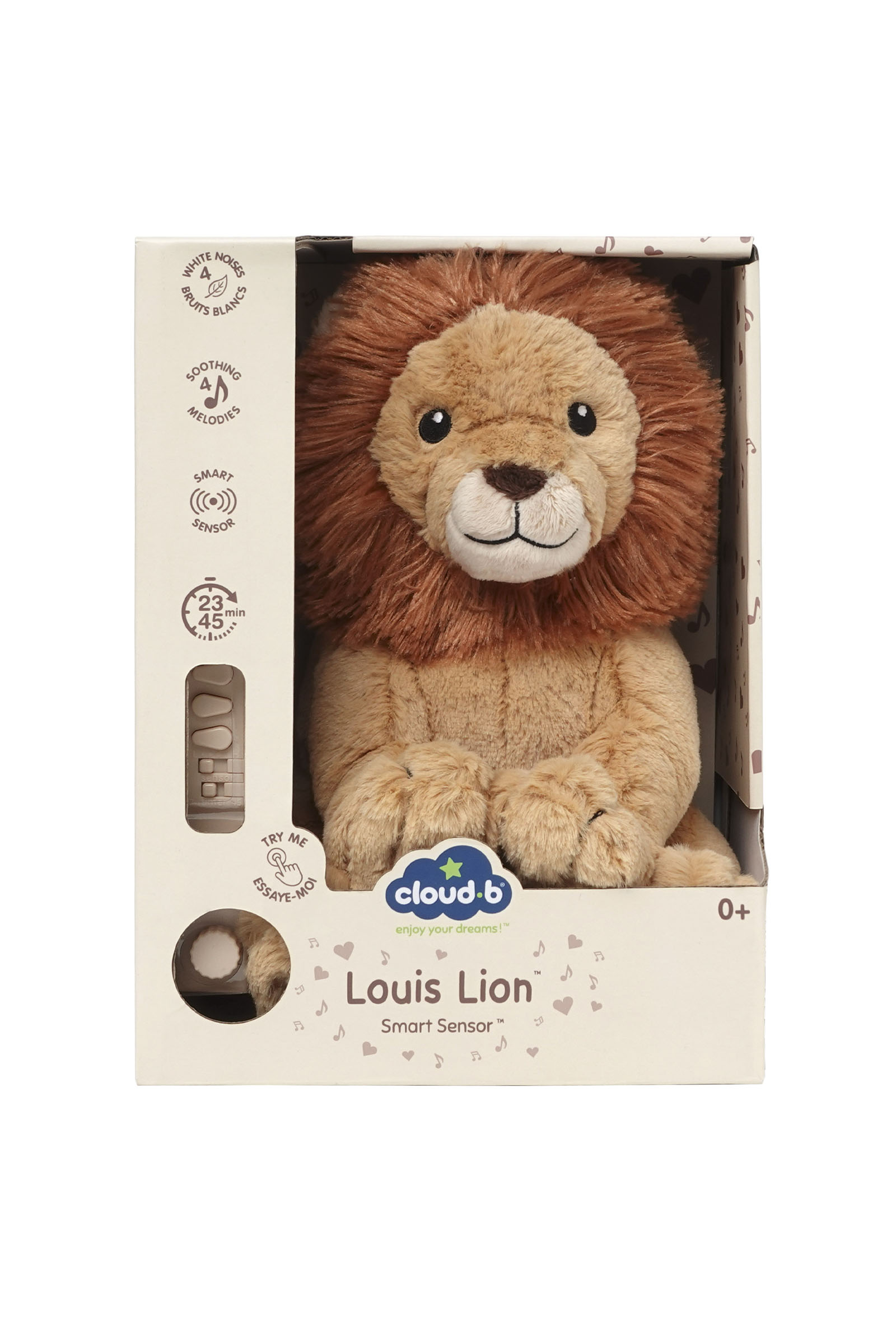 Bebekler için ses ve sensör özellikli kutuda Louis Aslan peluş oyuncak.