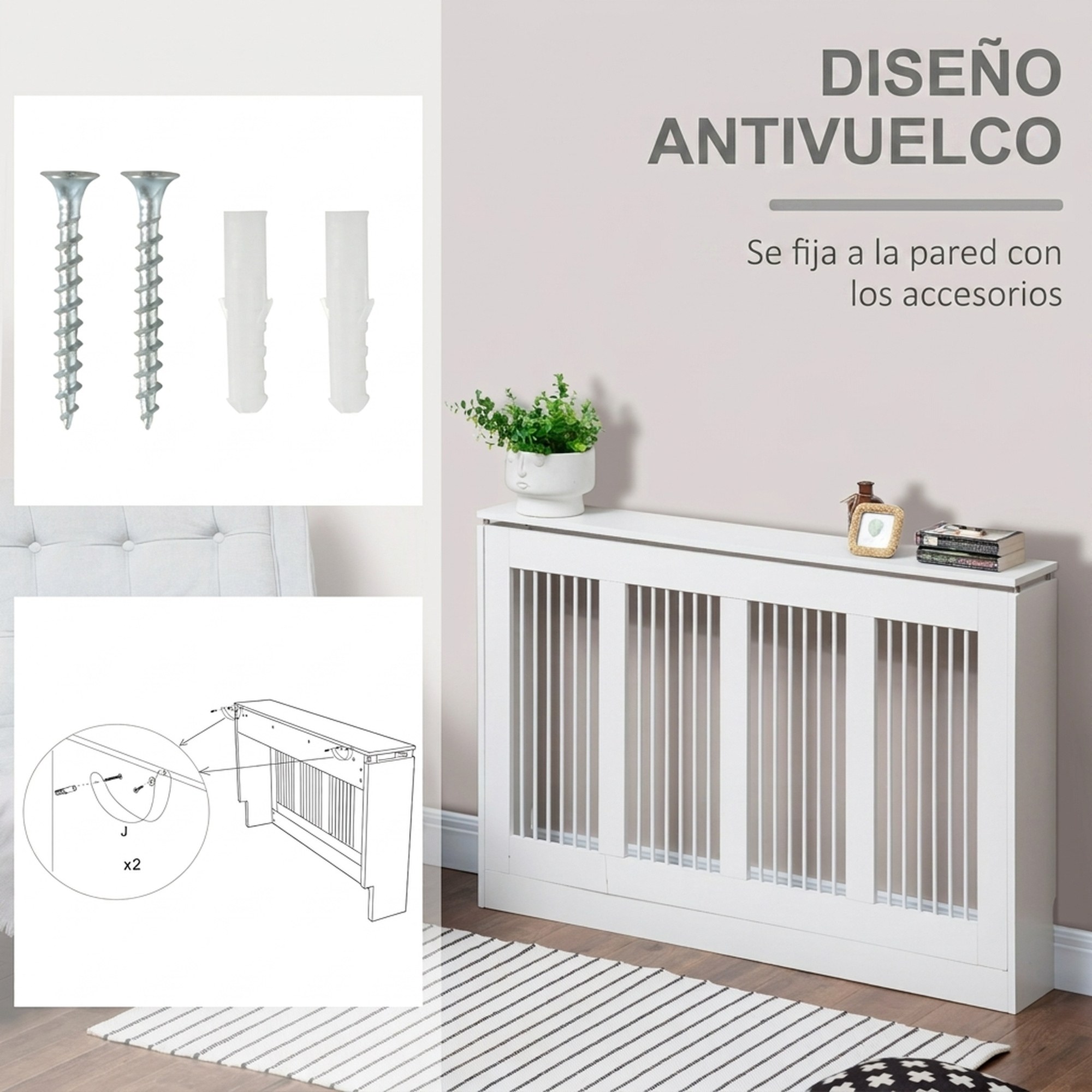 Cubrerradiador blanco con accesorios de montaje en pared para seguridad.