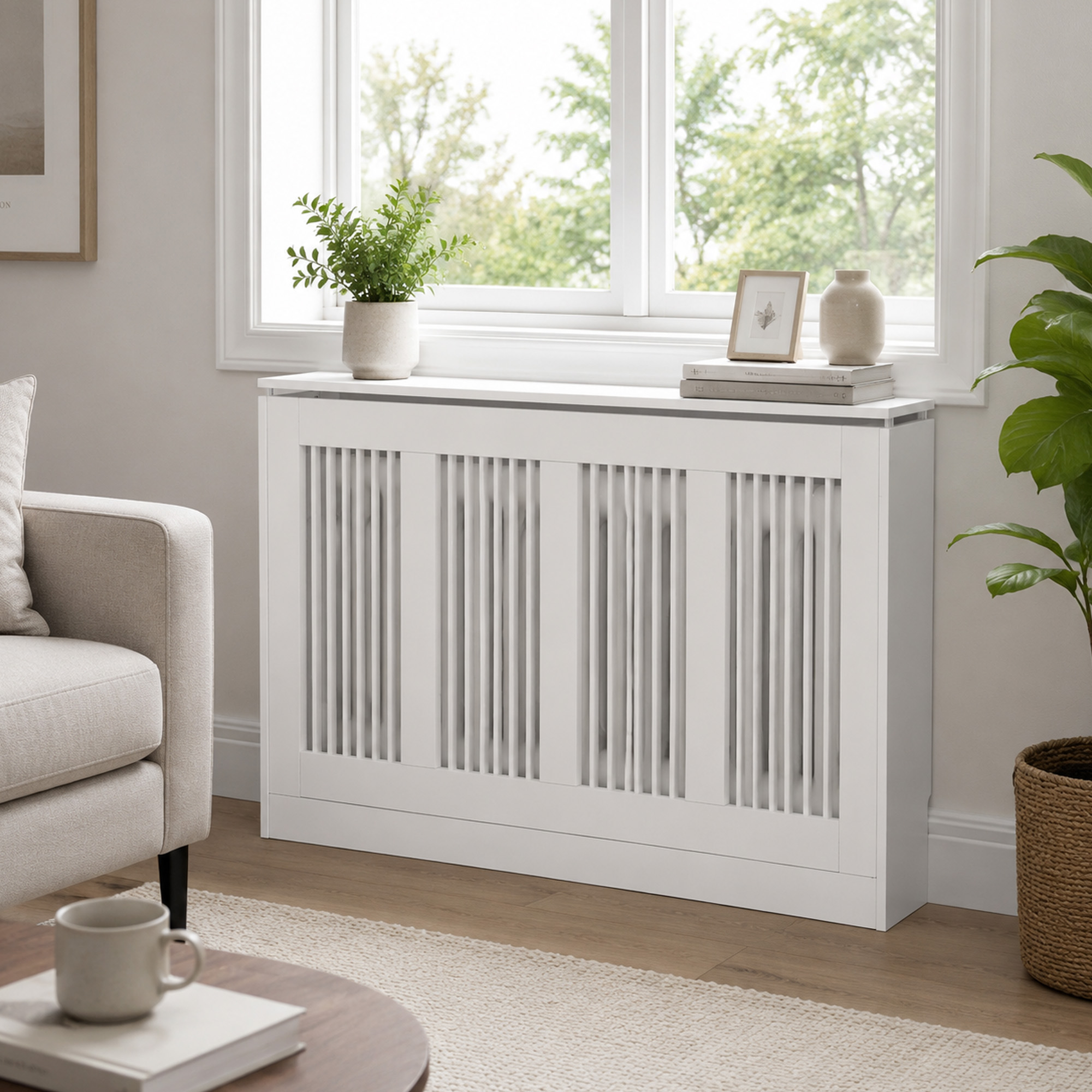 Un cubrerradiador blanco bajo una ventana con plantas y decoración en un salón.