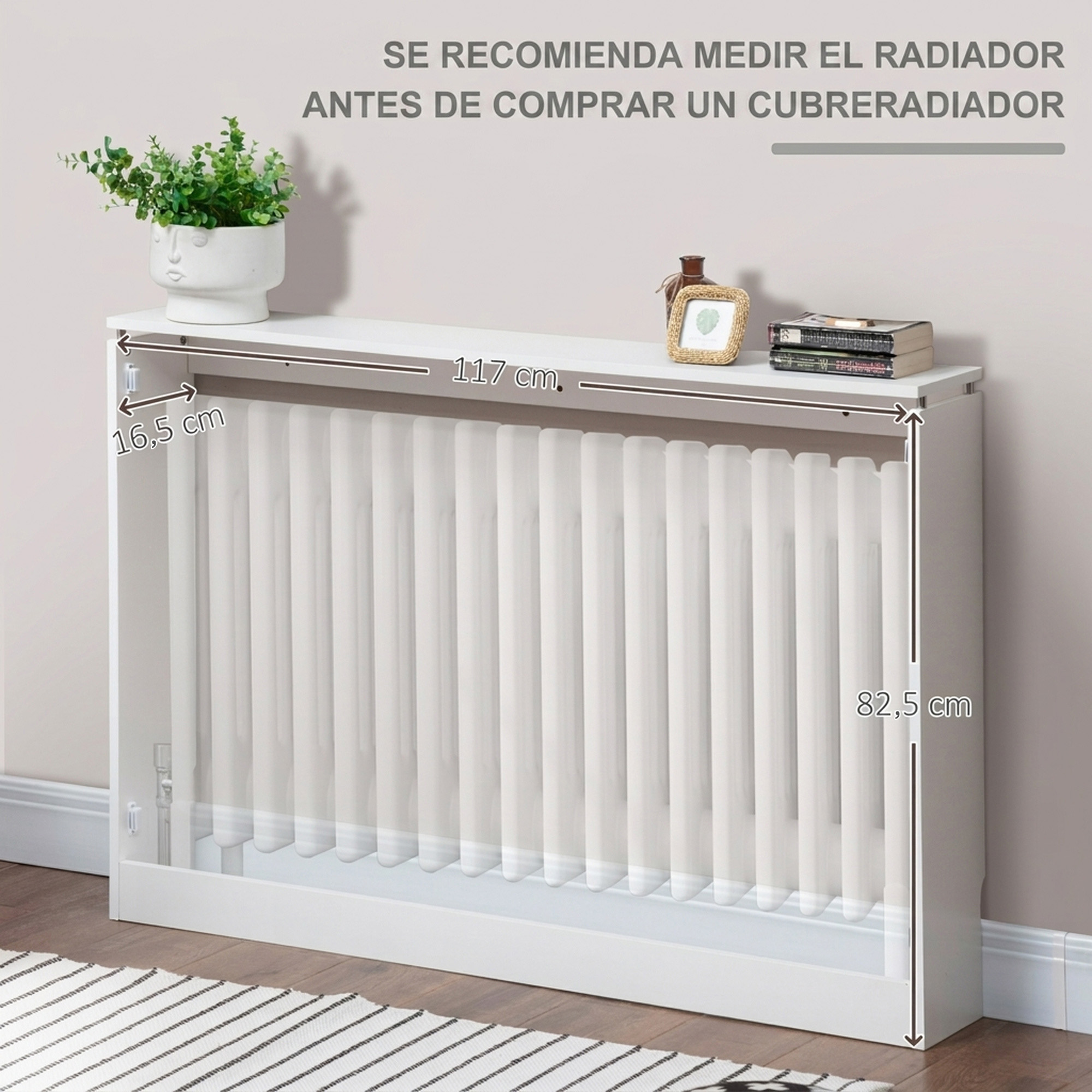 Cubrerradiador blanco con medidas: 117 cm de ancho, 82,5 cm de alto, 16,5 cm de fondo.