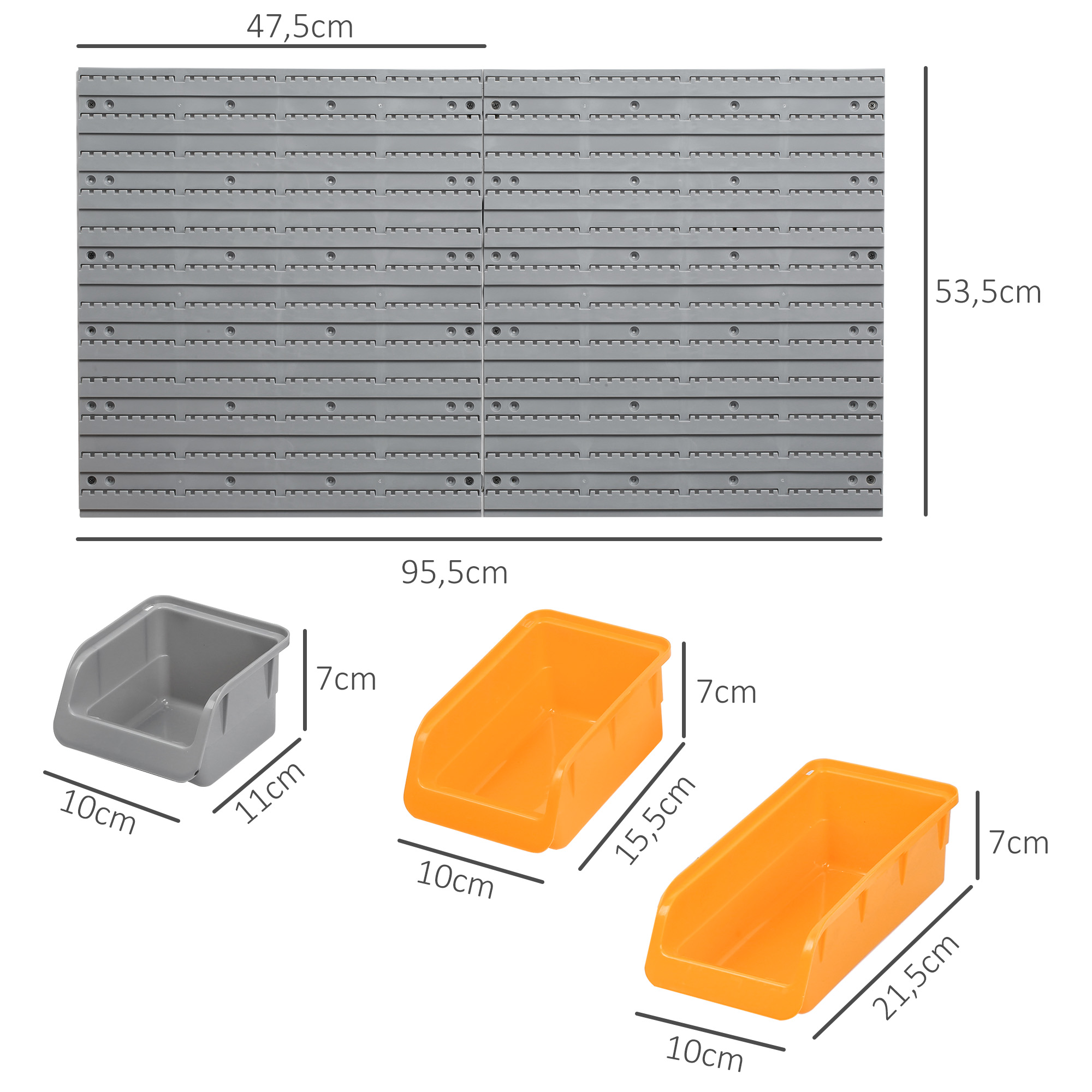 Pared de herramientas gris con dimensiones y tres cajas de plástico de distintos tamaños en gris y naranja.