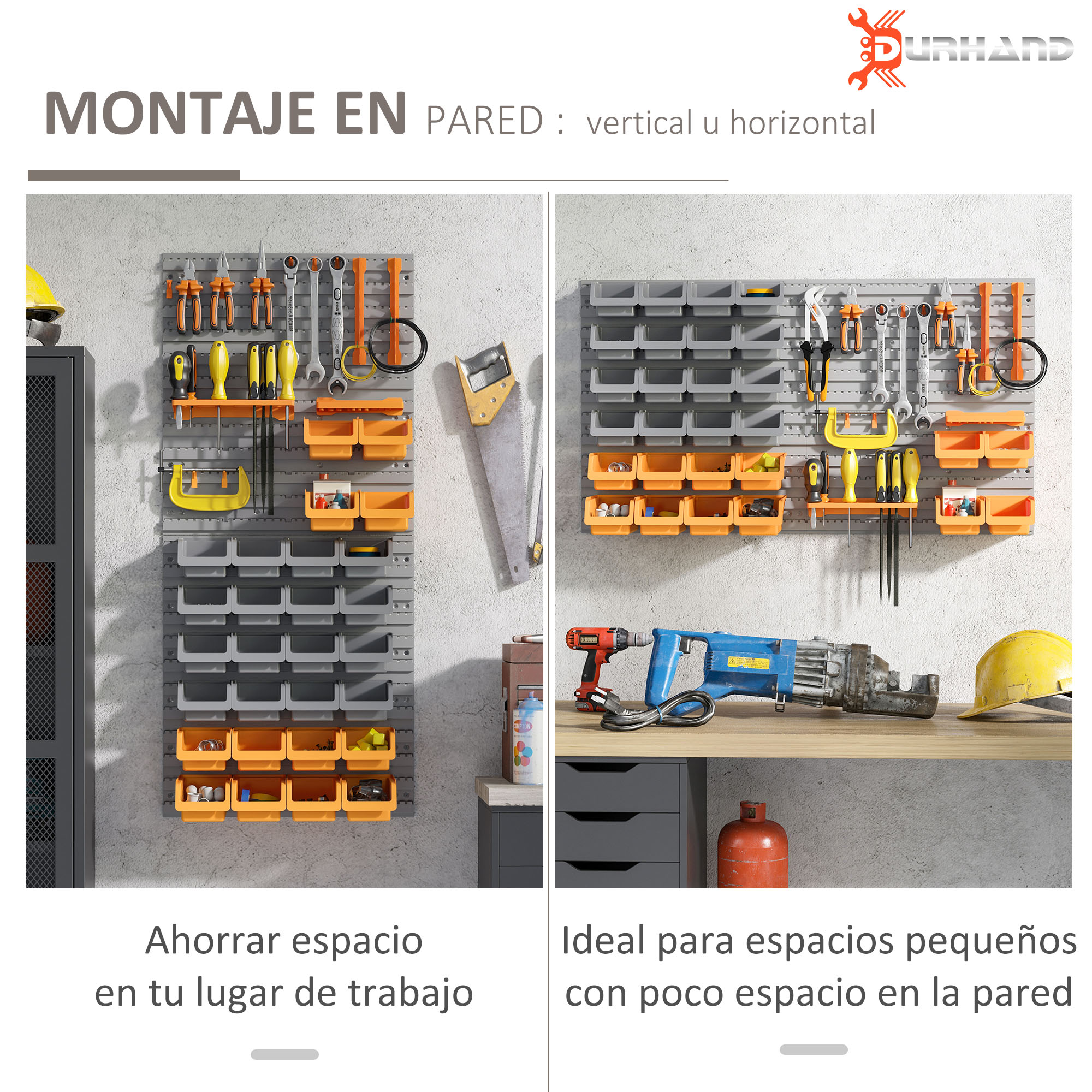 Dos vistas de un panel de herramientas gris y naranja montado vertical y horizontalmente, lleno de herramientas y cajas.