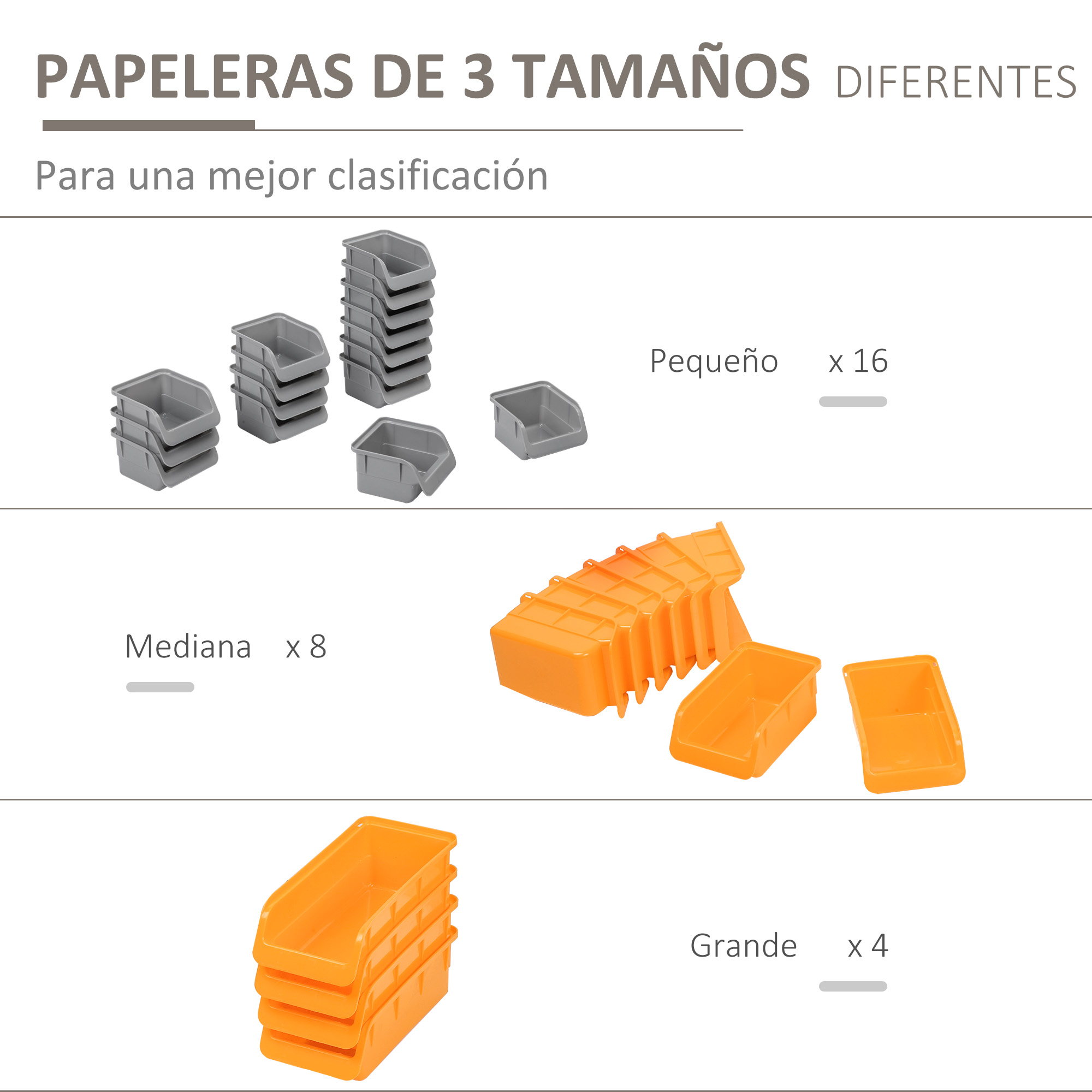 Juego de cubos de almacenamiento de plástico gris y naranja en tres tamaños diferentes.
