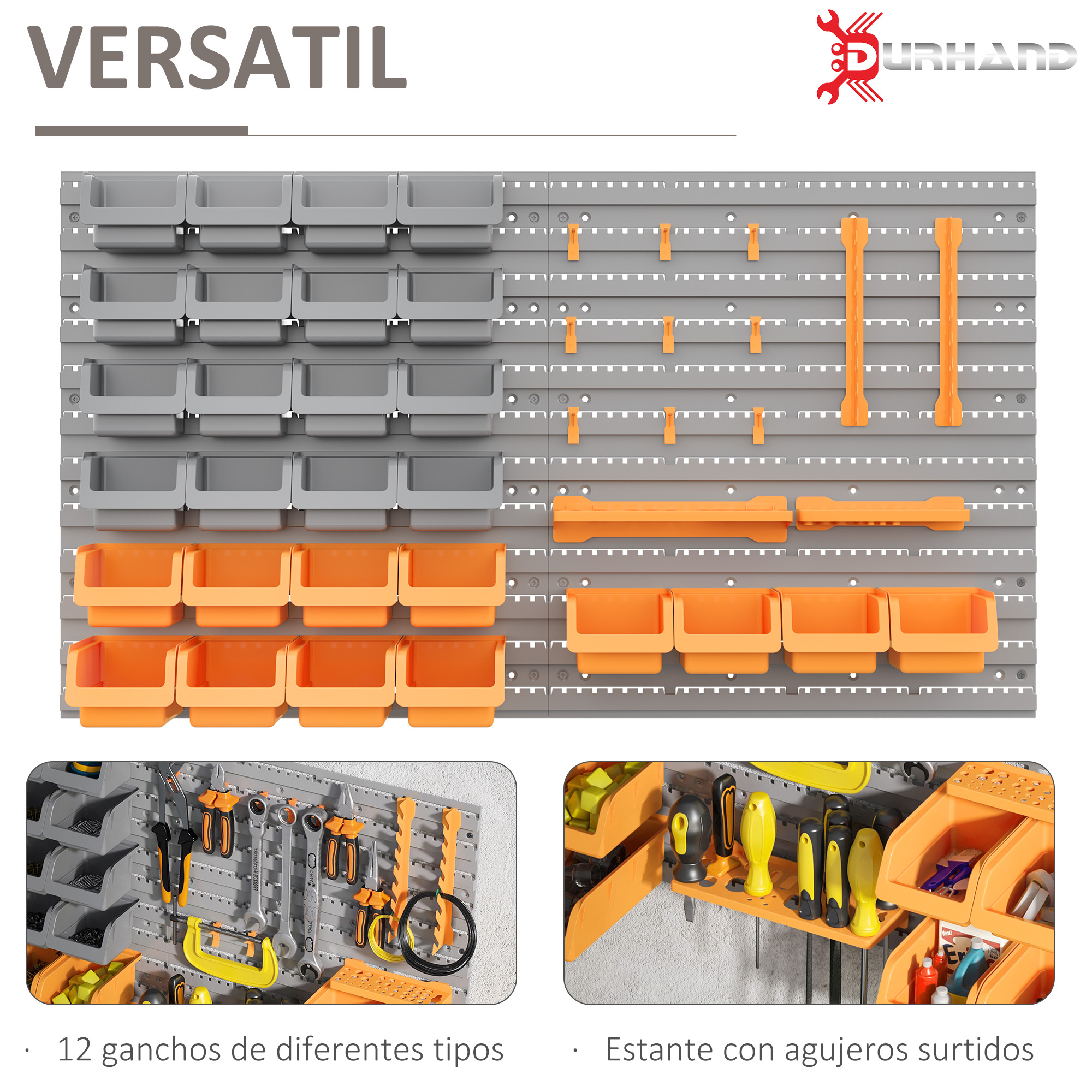 Sistema de almacenamiento de herramientas con paneles grises, cajas de colores, ganchos y soportes.