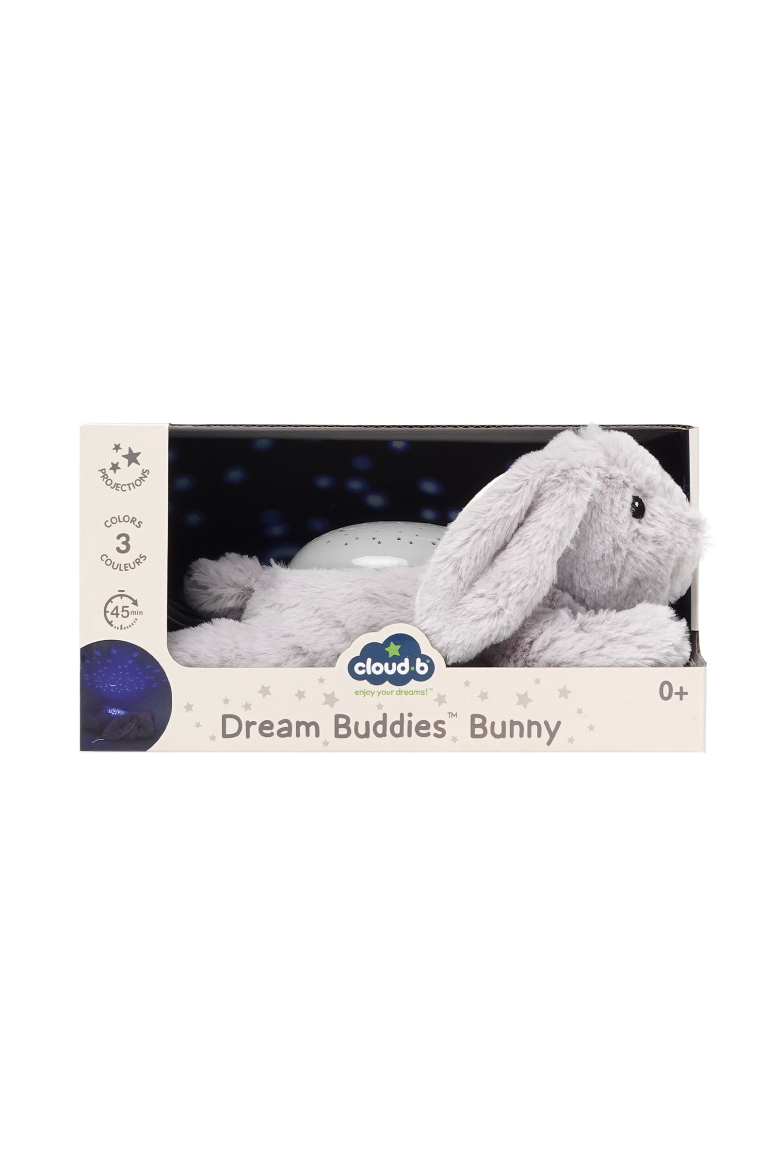 Cloud b'nin gri peluş oyuncak ve yıldız projektör lambası "Dream Buddies Bunny" ambalajı.