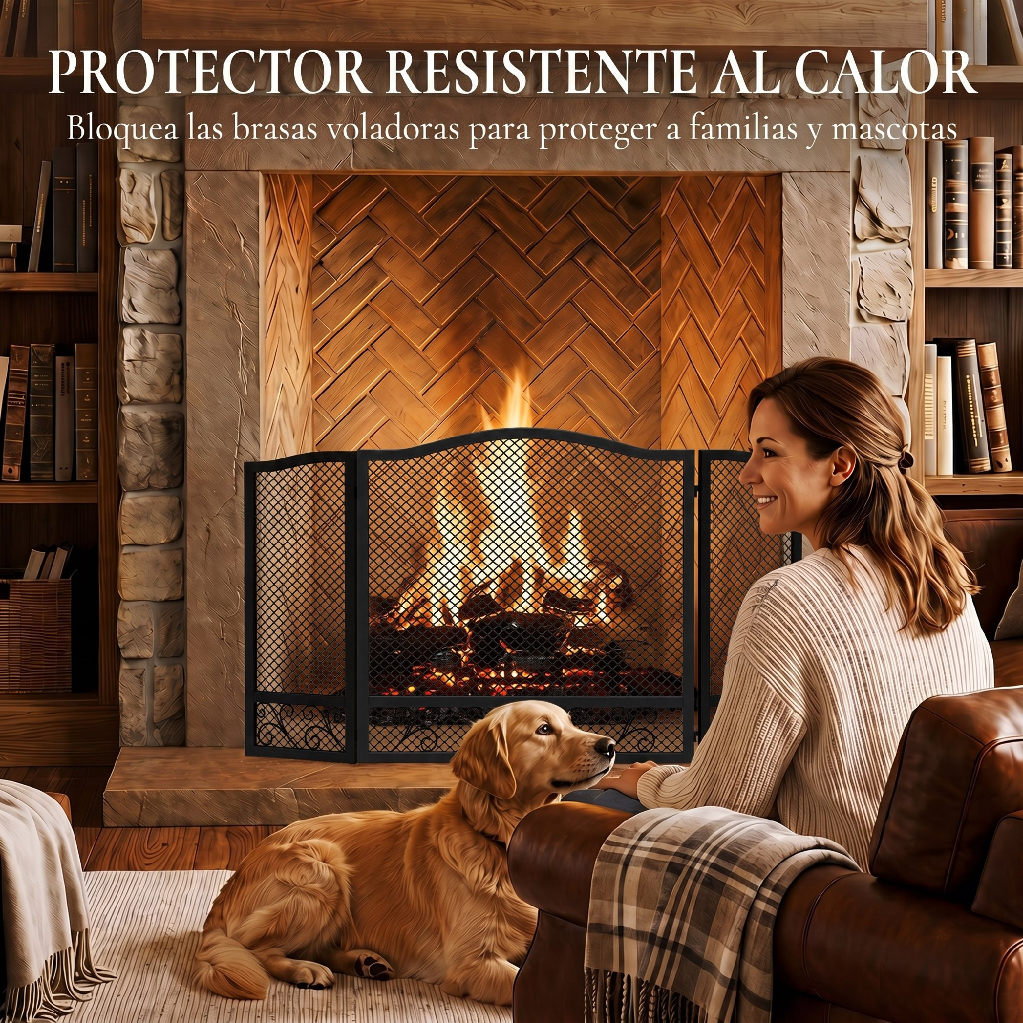 Una mujer se sienta en un sillón de cuero junto a una chimenea con rejilla; un golden retriever yace en la alfombra.