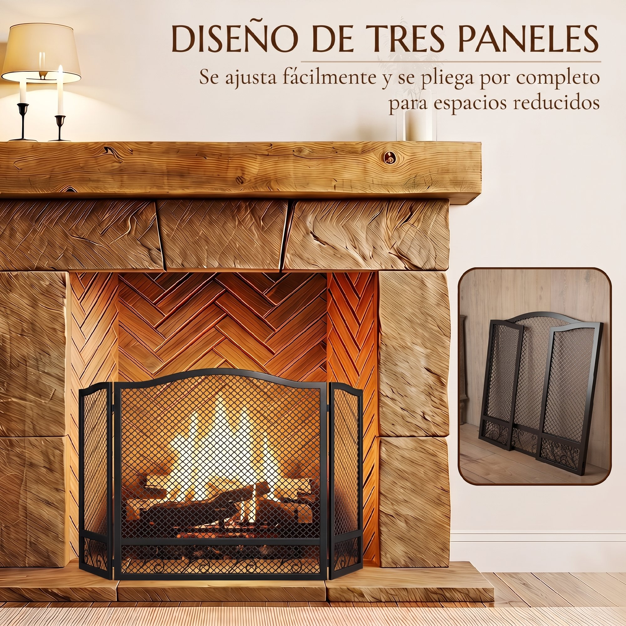 Pantalla para chimenea de tres paneles de metal negro frente a una chimenea rústica.