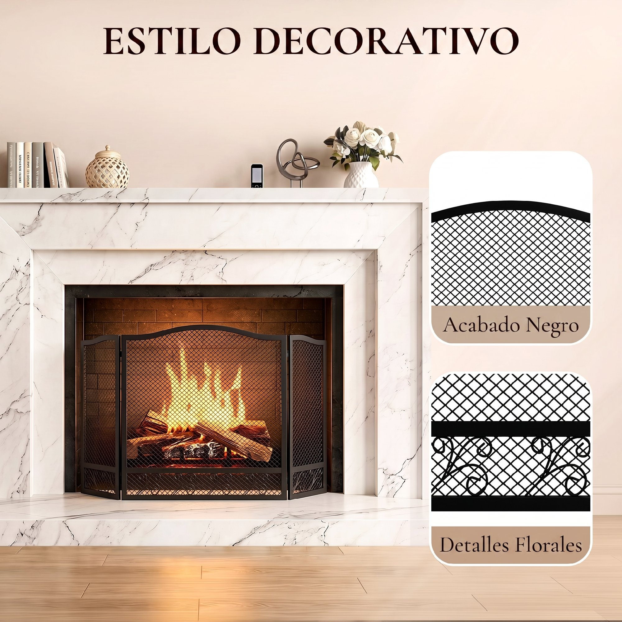 Una pantalla de chimenea de malla negra en una chimenea de mármol, con detalles de su acabado negro y adornos florales.