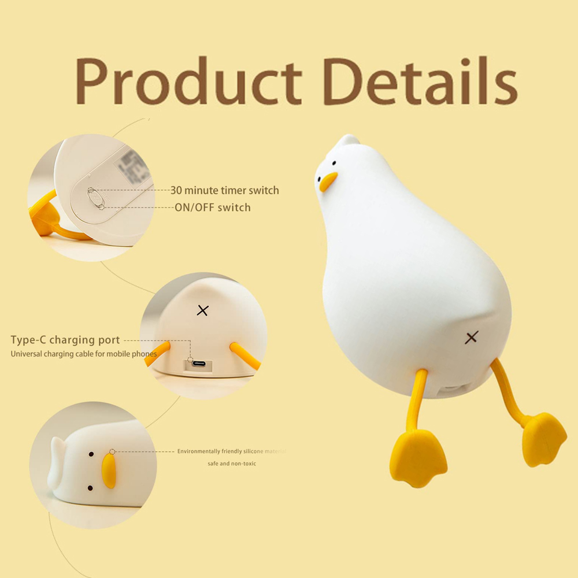 Produktdetails einer niedlichen weißen Enten-Nachtlampe mit gelben Füßen, Timer, Schalter und Typ-C-Anschluss.