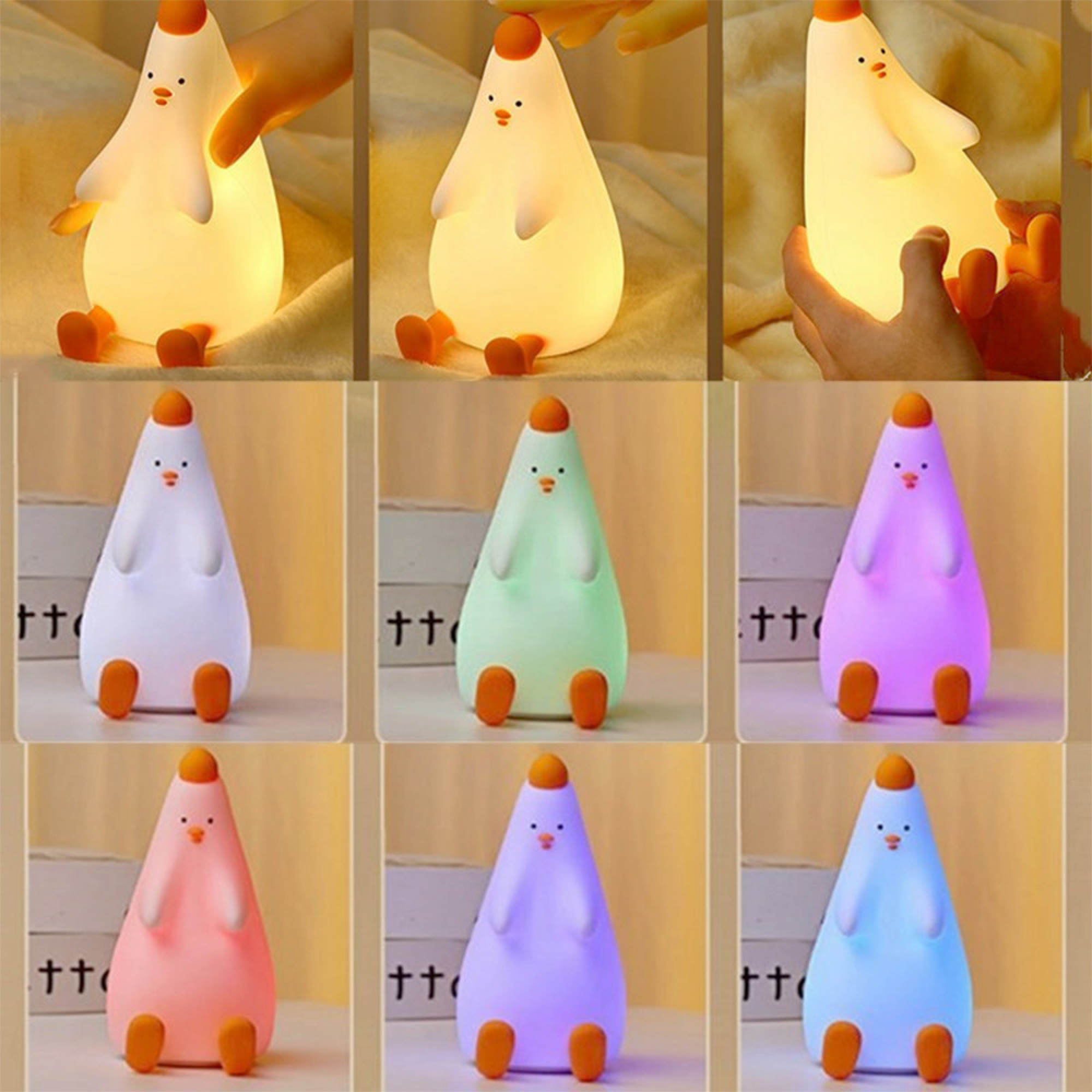Eine niedliche Hühner-Nachtlampe aus Silikon, die in verschiedenen Farben leuchtet und zusammengedrückt werden kann.