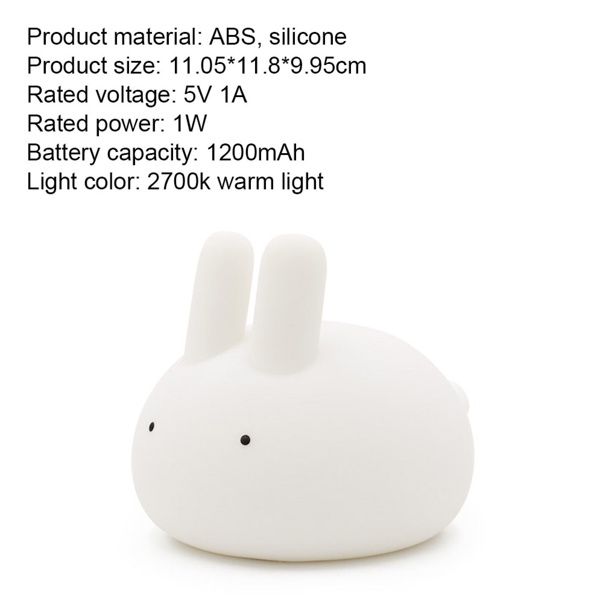 Produktmerkmale und eine weiße, kaninchenförmige LED-Silikonlampe vor weißem Hintergrund.