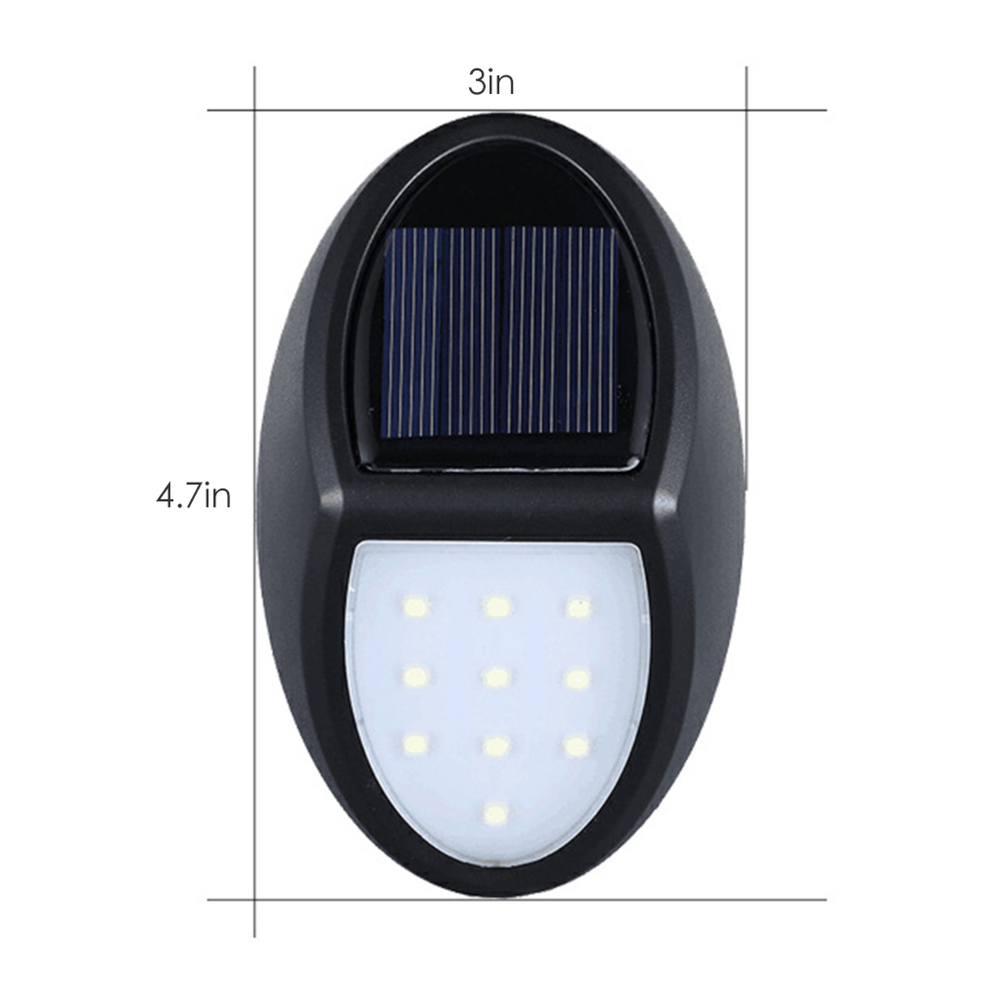 Schwarze ovale Solar-Wandleuchte mit den Maßen 3 Zoll Breite und 4,7 Zoll Höhe auf weißem Hintergrund.