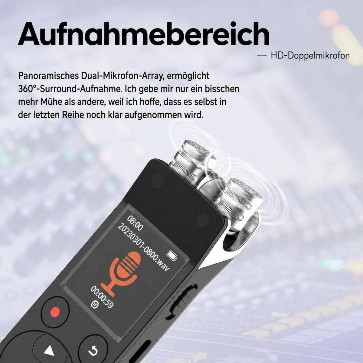 Ein schwarzer digitaler Diktiergerät mit zwei Mikrofonen und deutschem Text.