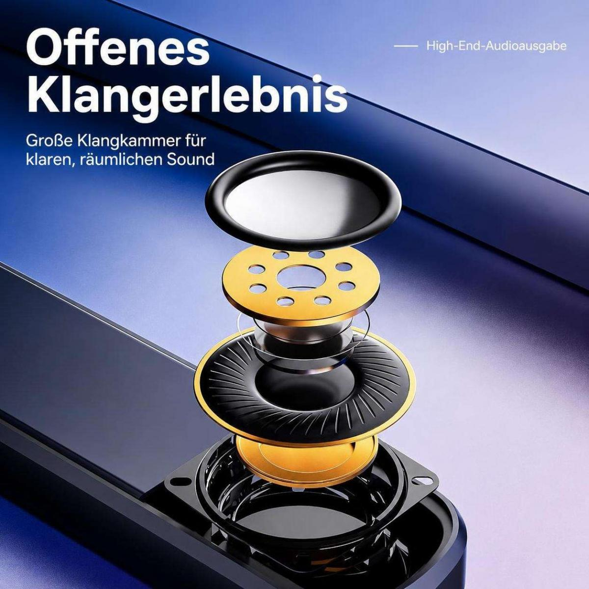 Explosionszeichnung eines Lautsprechers mit goldenen und schwarzen Komponenten vor blauem Hintergrund und Text.