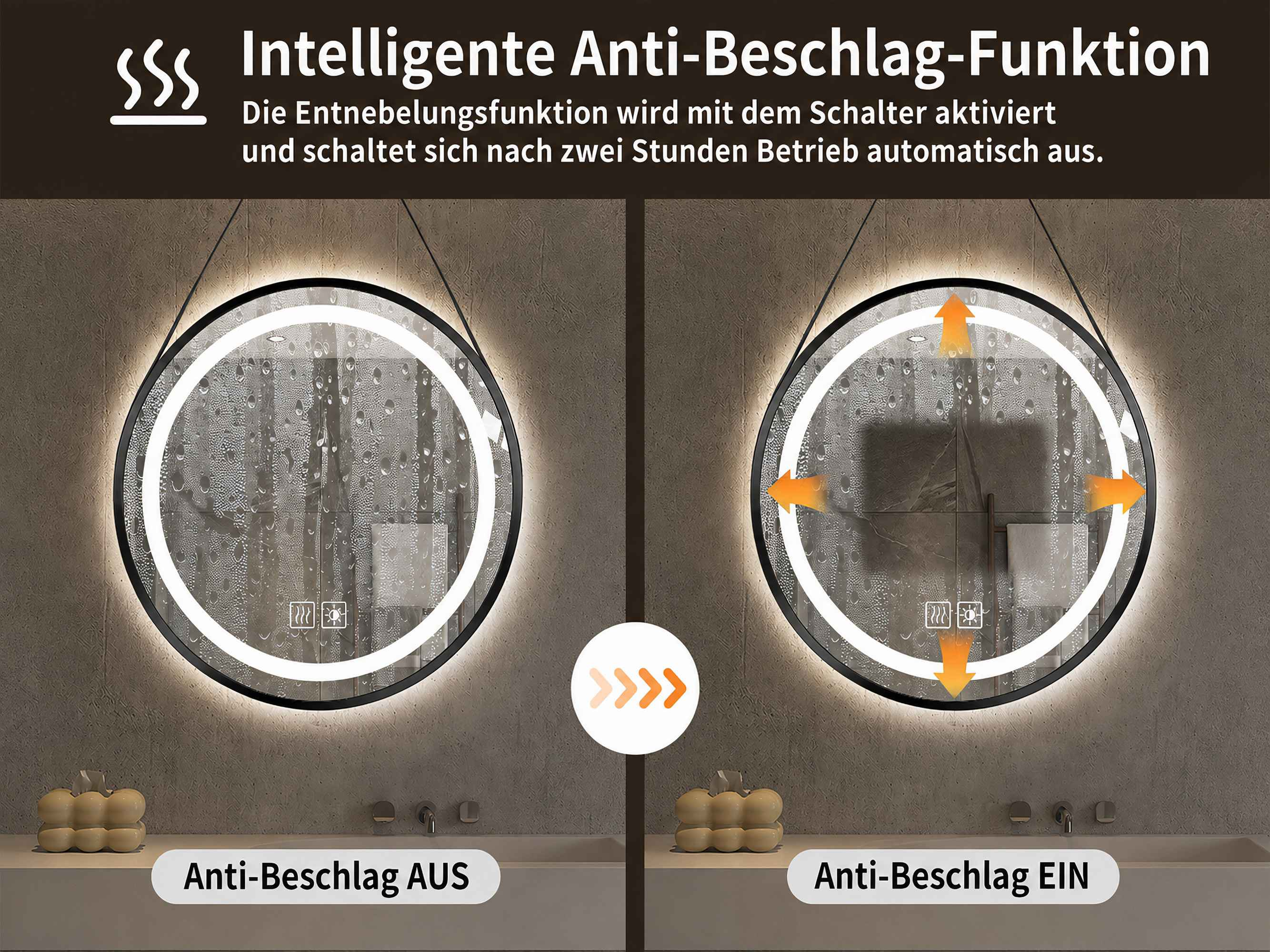 Vergleich zweier runder Spiegel, links Anti-Beschlag aus mit Wassertropfen, rechts an mit klarer Sicht.