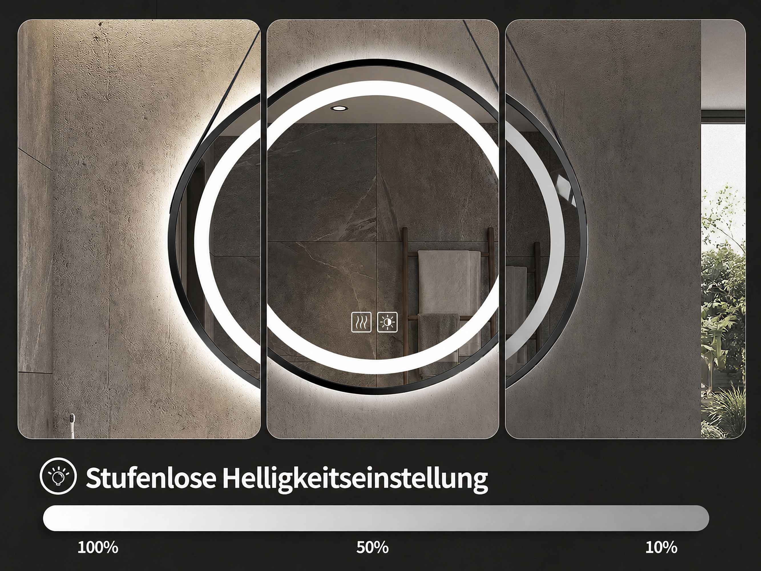Runder LED-Spiegel mit dimmbarem Licht und stufenloser Helligkeitseinstellung.