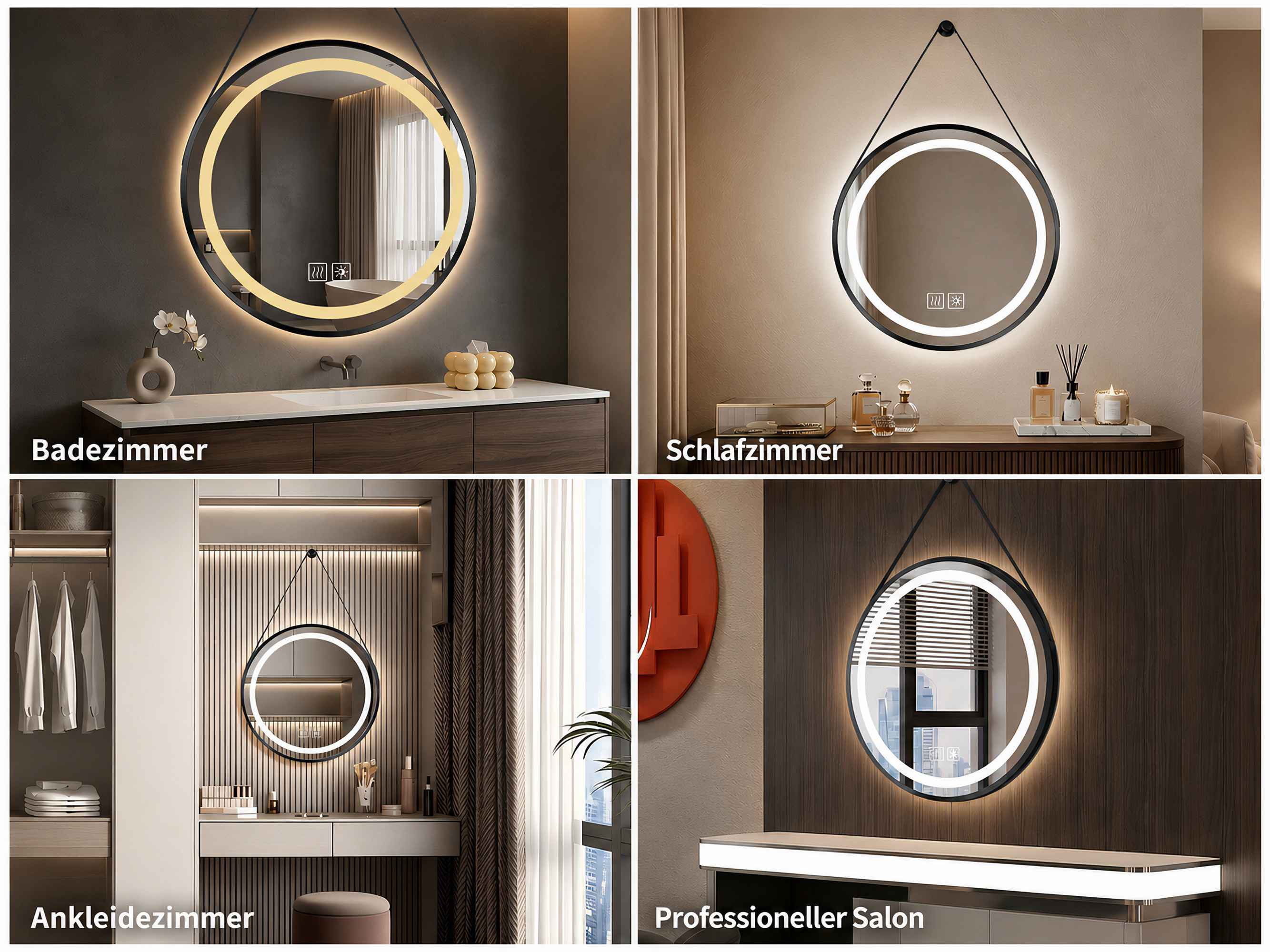 Vier Felder zeigen einen runden LED-Leuchtspiegel im Badezimmer, Schlafzimmer, Ankleidezimmer und Salon.