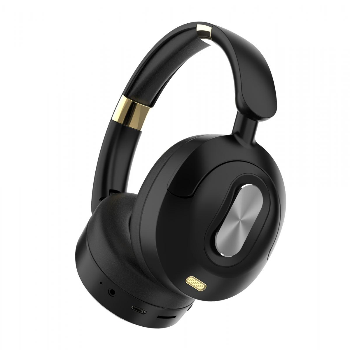 Schwarze Over-Ear-Kopfhörer mit goldenen Akzenten auf weißem Hintergrund.