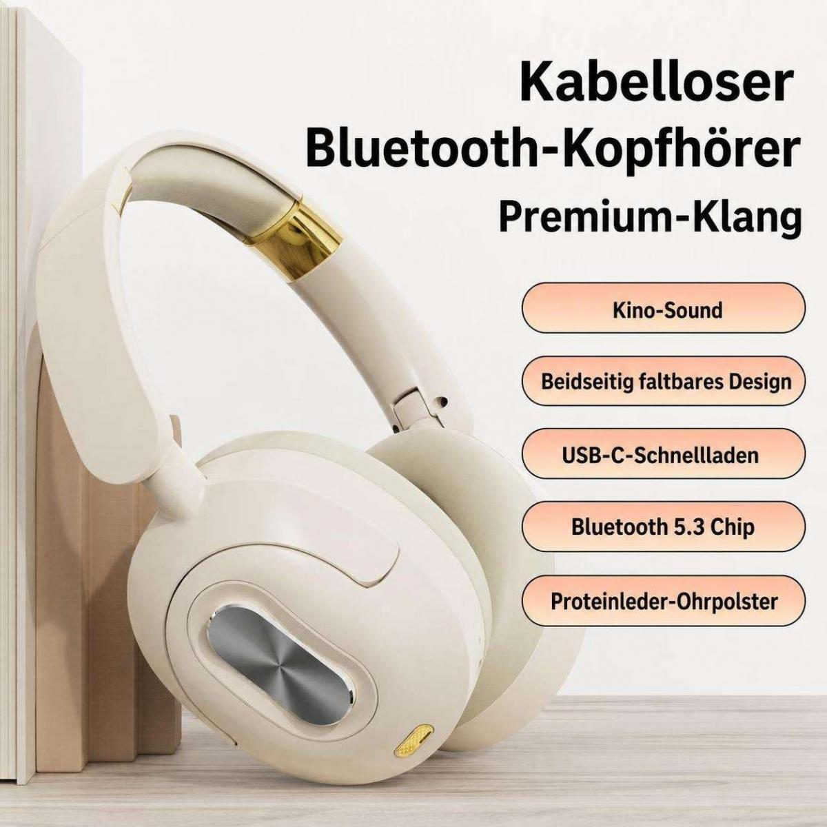 Beige, kabellose Bluetooth-Kopfhörer mit Premium-Klang und deutscher Produktwerbung.