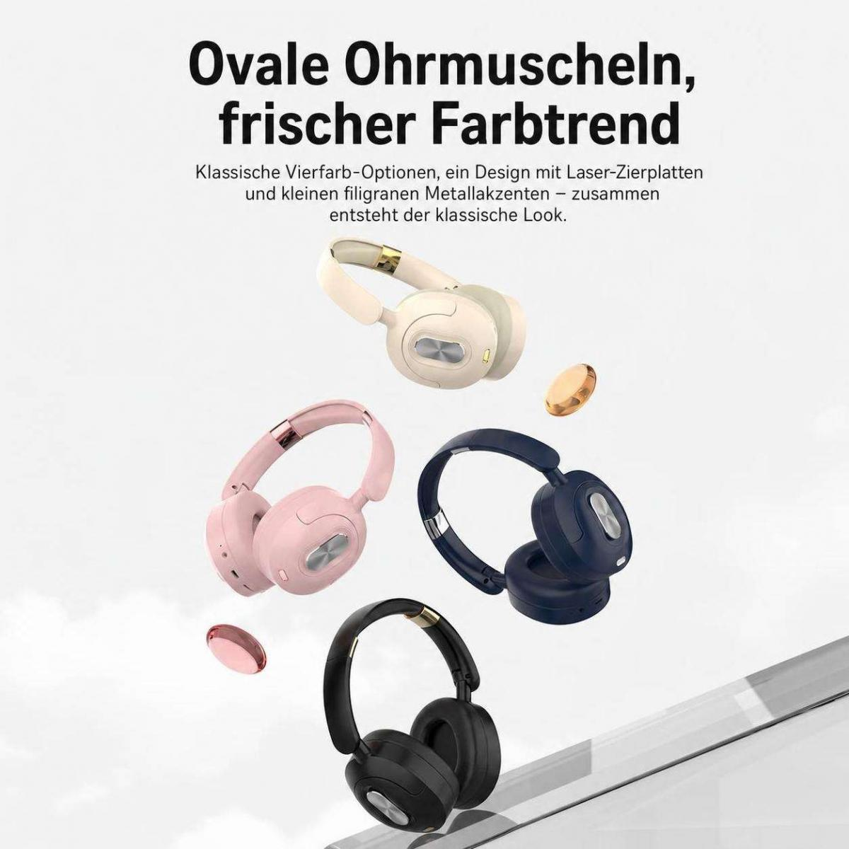Vier kabellose Kopfhörer in Beige, Rosa, Blau und Schwarz mit deutschem Text oben.