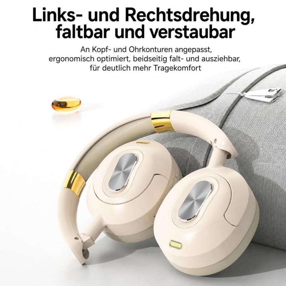 Beige faltbare Over-Ear-Kopfhörer mit goldenen Akzenten und deutscher Textwerbung.