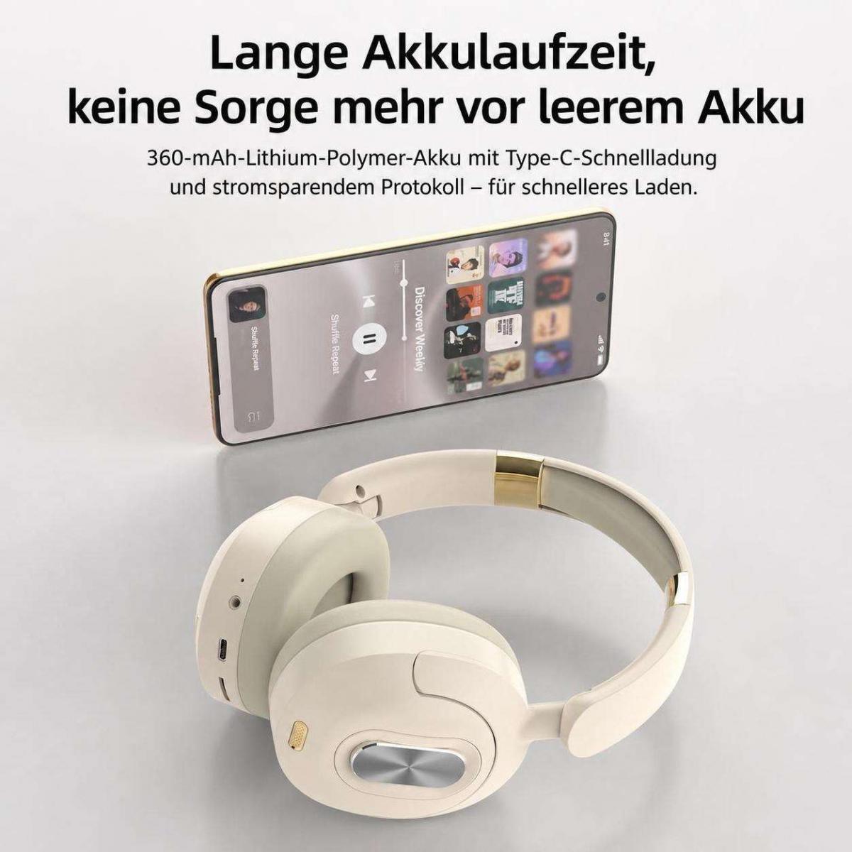 Beige Kopfhörer mit einem Smartphone im Hintergrund und deutschem Werbetext.