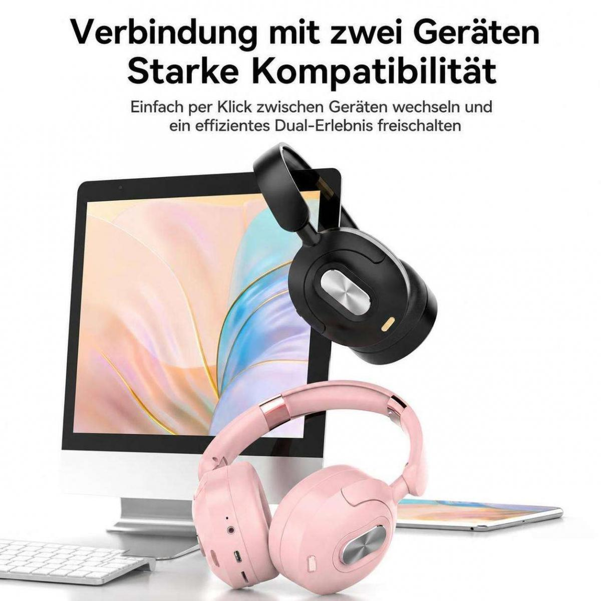 Schwarze und rosa Kopfhörer vor einem Computerbildschirm mit deutschem Text oben.