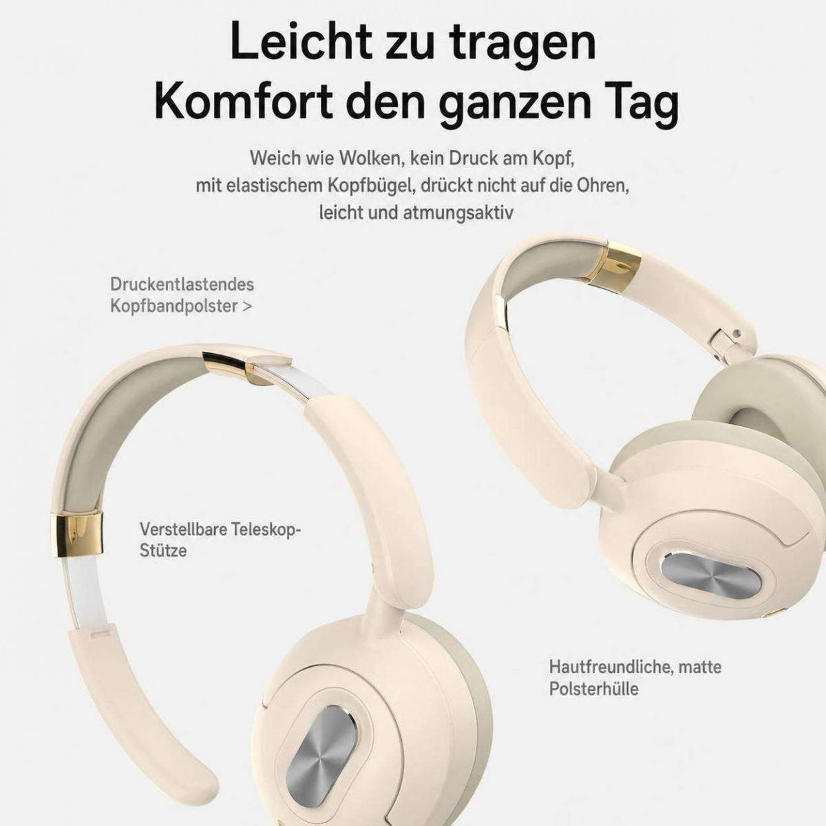 Beige Kopfhörer mit komfortablen, druckentlastenden Polstern und verstellbarem Kopfbügel.