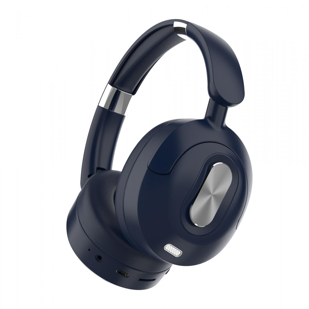 Dunkelblaue Over-Ear-WLAN-Kopfhörer mit silbernem Akzentknopf auf weißem Hintergrund.