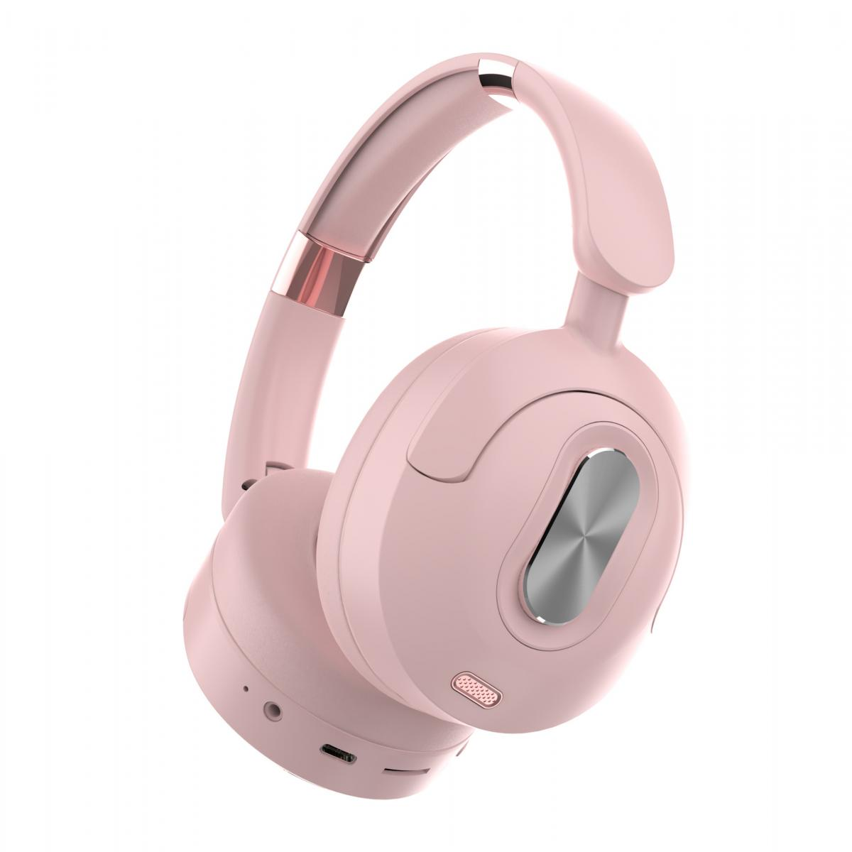 Rosa over-ear Kopfhörer mit silbernen Akzenten auf weißem Hintergrund.