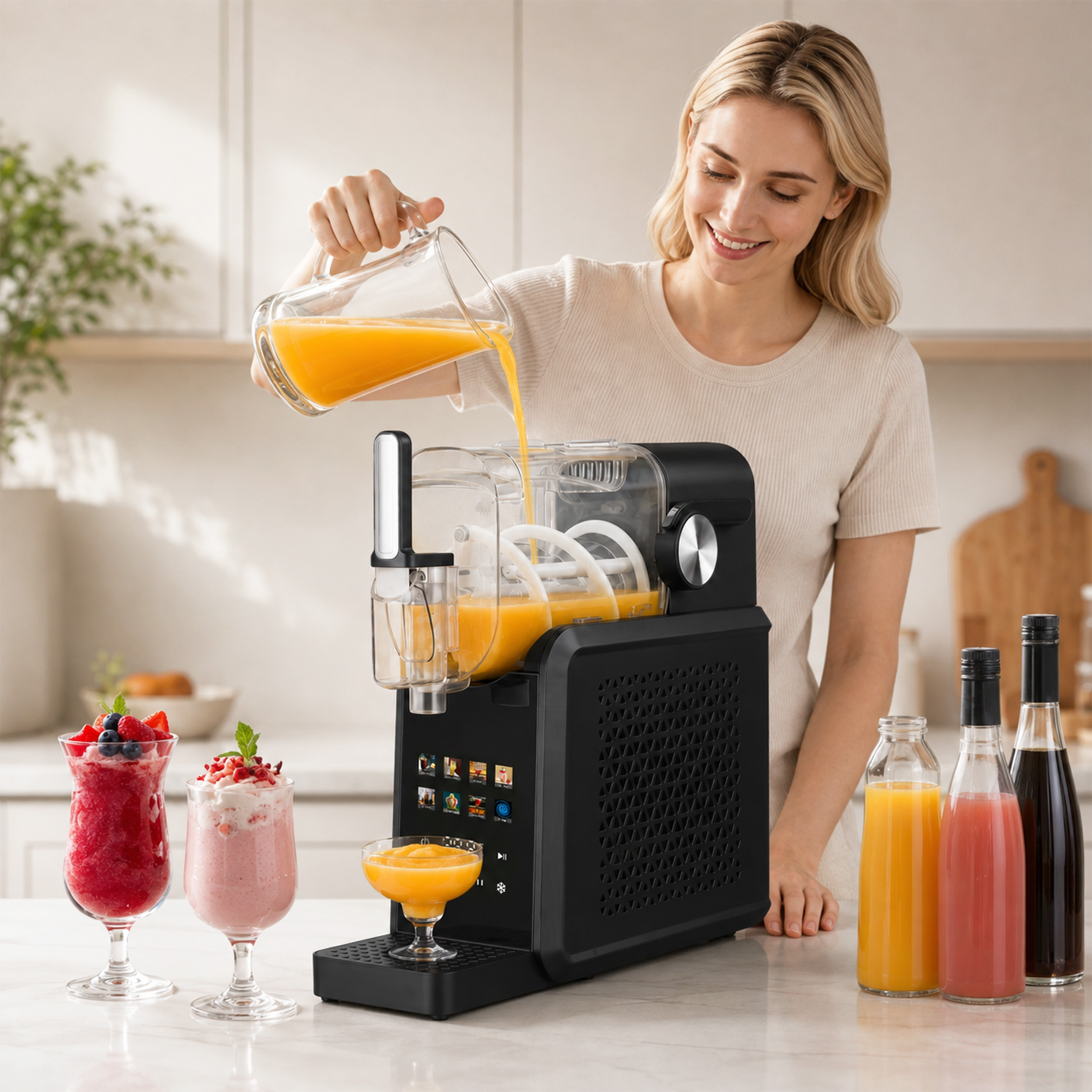 Eine Frau gießt Orangensaft in eine schwarze Slush-Eis-Maschine; bunte Smoothies und Säfte stehen auf der Arbeitsplatte.