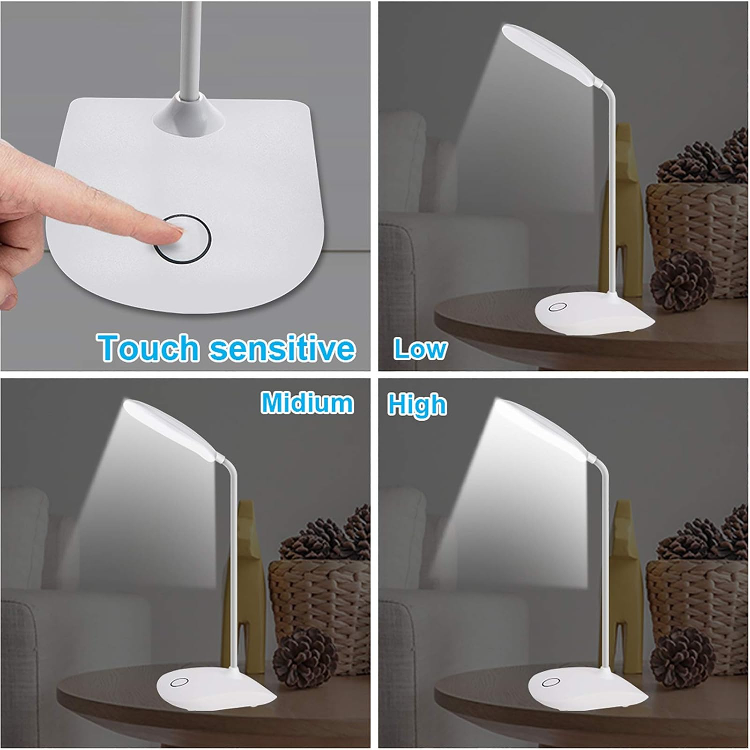 Vier Bilder zeigen eine weiße Touch-Schreibtischlampe in verschiedenen Helligkeitsstufen.