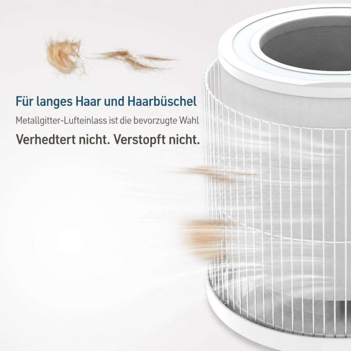 Ein weißer Metallgitter-Lufteinlass mit Text und Haarbüscheln.