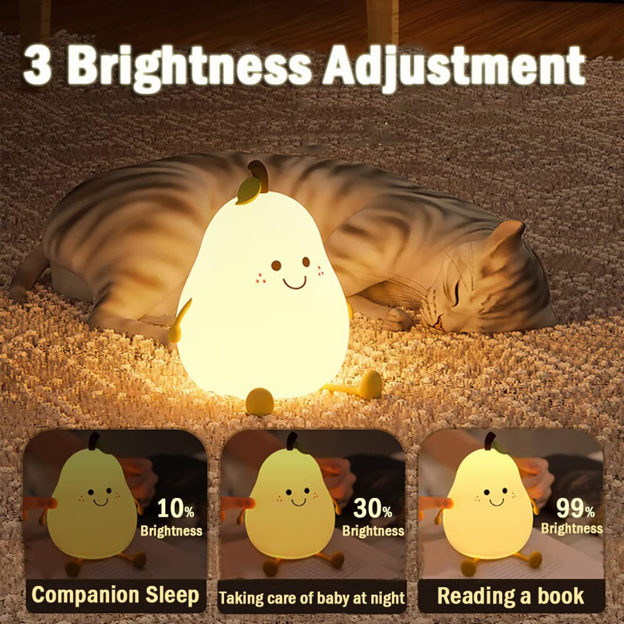 Eine birnenförmige Nachttischlampe mit Gesicht und drei Helligkeitsstufen neben einer schlafenden Katze.
