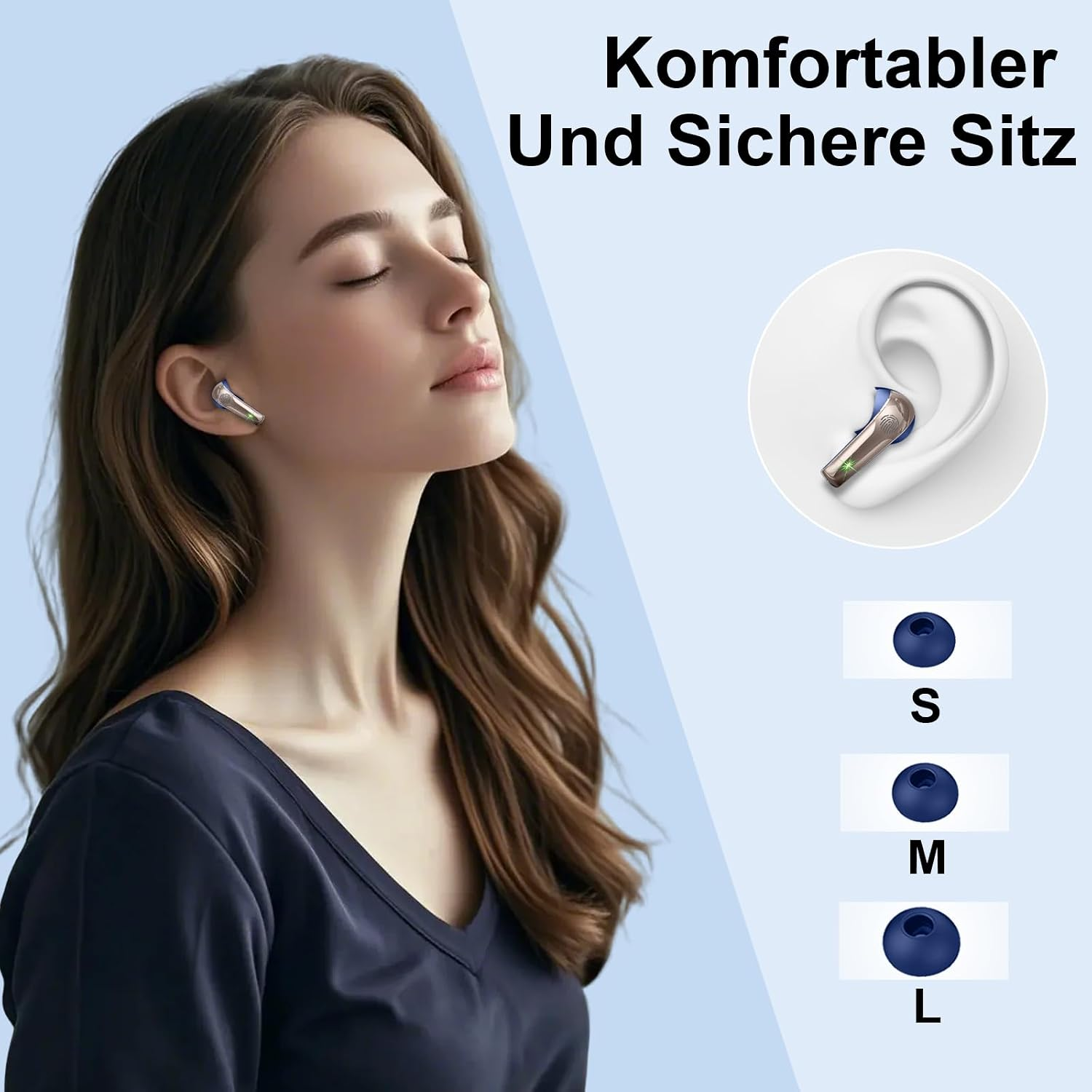 Eine Frau trägt kabellose Ohrhörer mit Detailansicht und drei Größen blauer Silikonaufsätze.