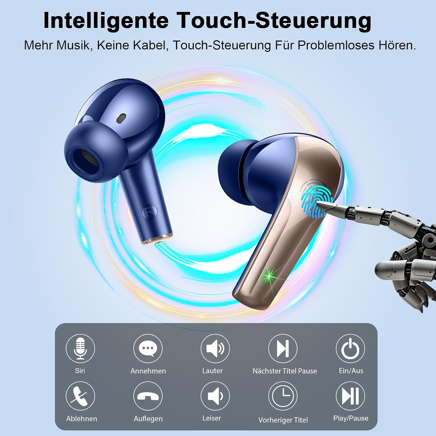 Blaue und goldene kabellose Ohrhörer mit Touch-Steuerung und Funktionssymbolen vor hellblauem Hintergrund.