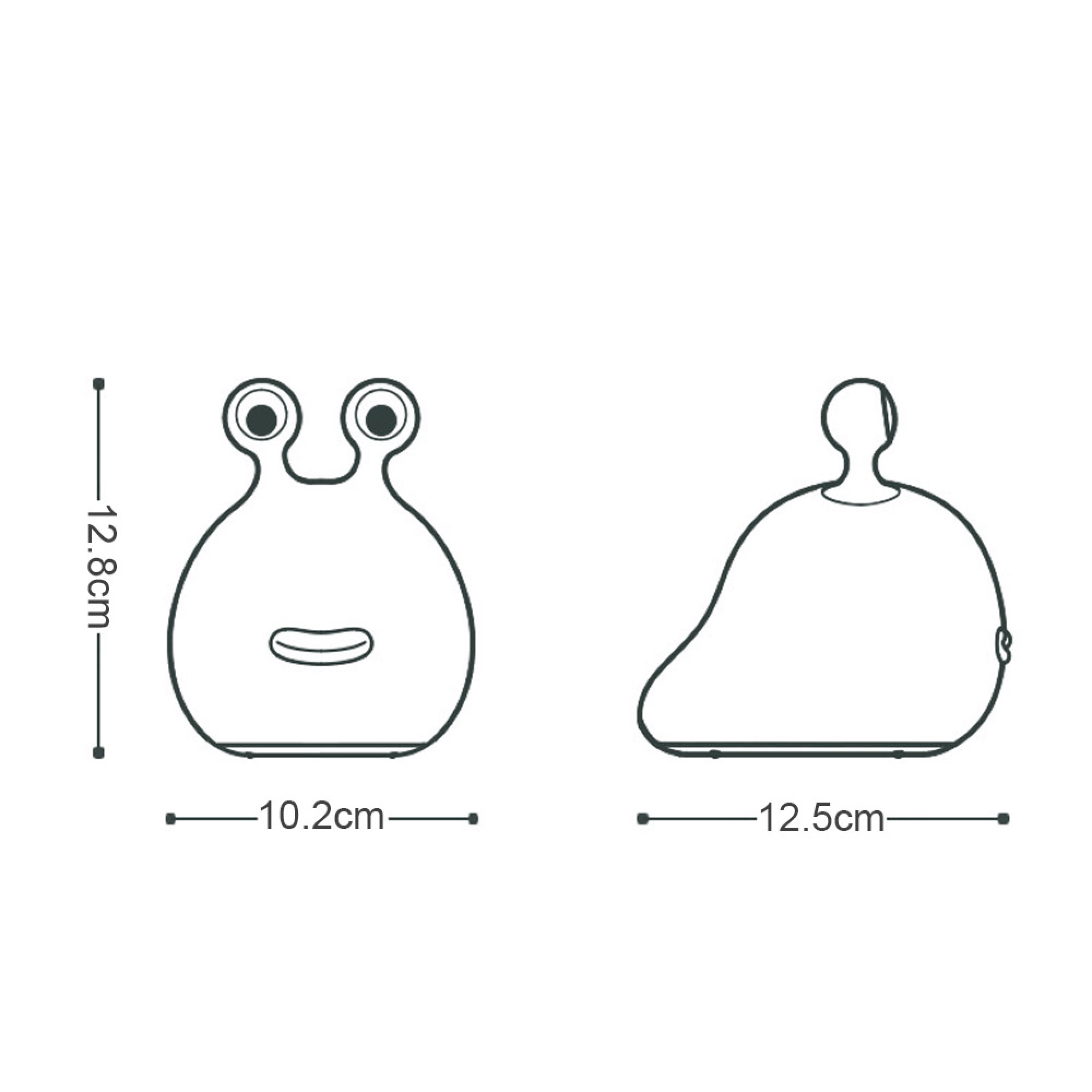 Technische Zeichnung eines froschähnlichen Geräts mit Maßen: Höhe 12,8 cm, Breite 10,2 cm und Länge 12,5 cm.