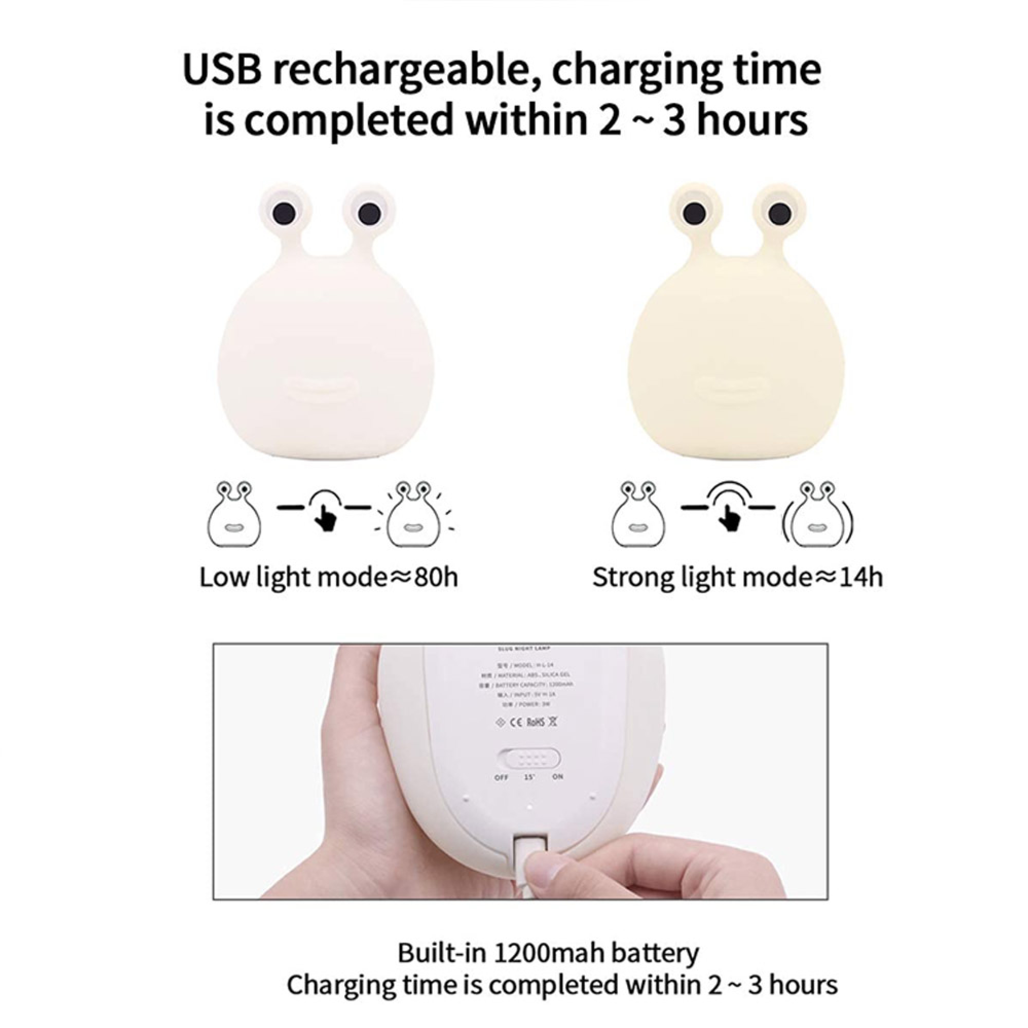 USB-wiederaufladbare Schnecken-Nachtlampe mit zwei Lichtmodi und einem 1200mAh Akku.