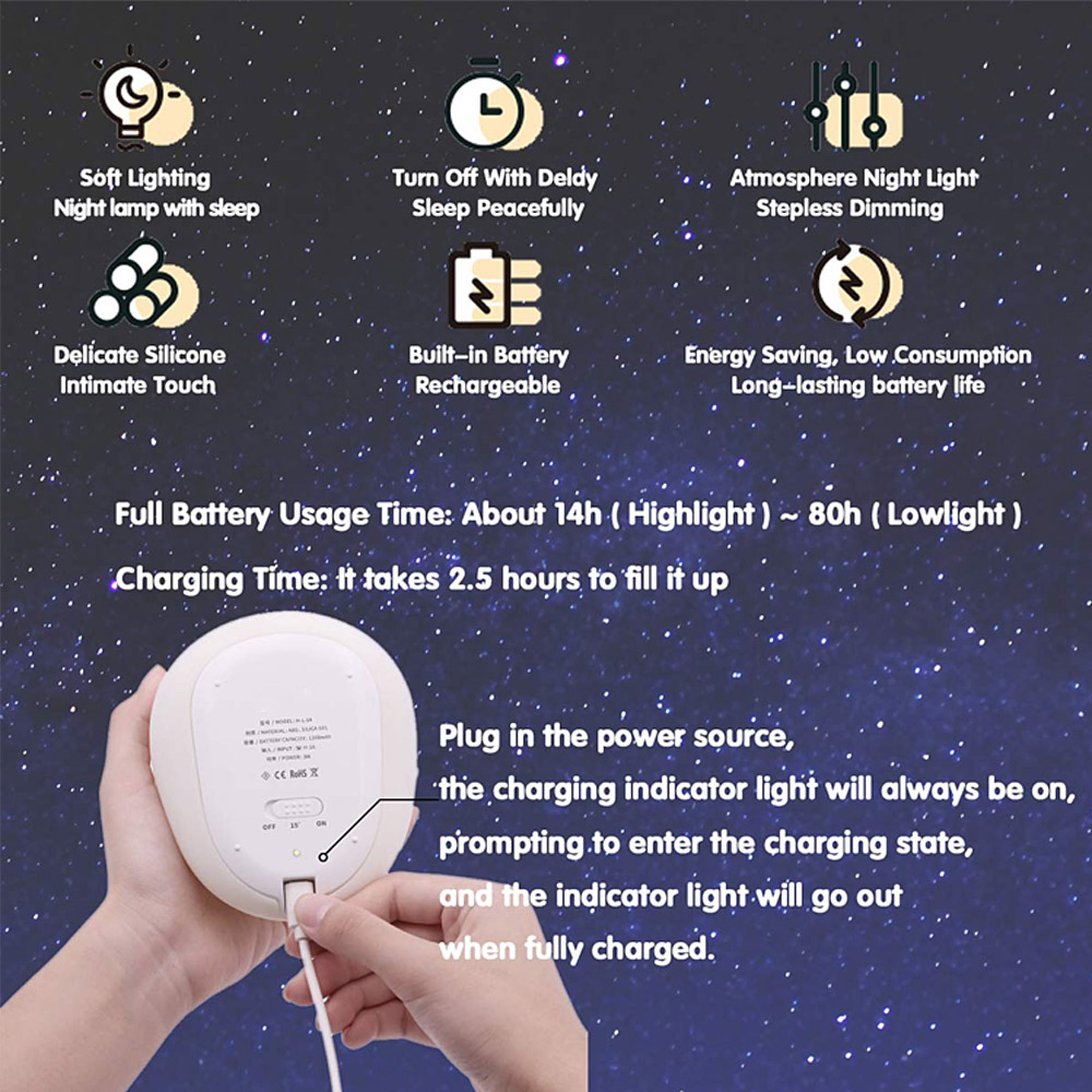 Produktinfografik mit technischen Daten und Ladeanweisungen für eine weiße Lampe vor nächtlichem Sternenhimmel.