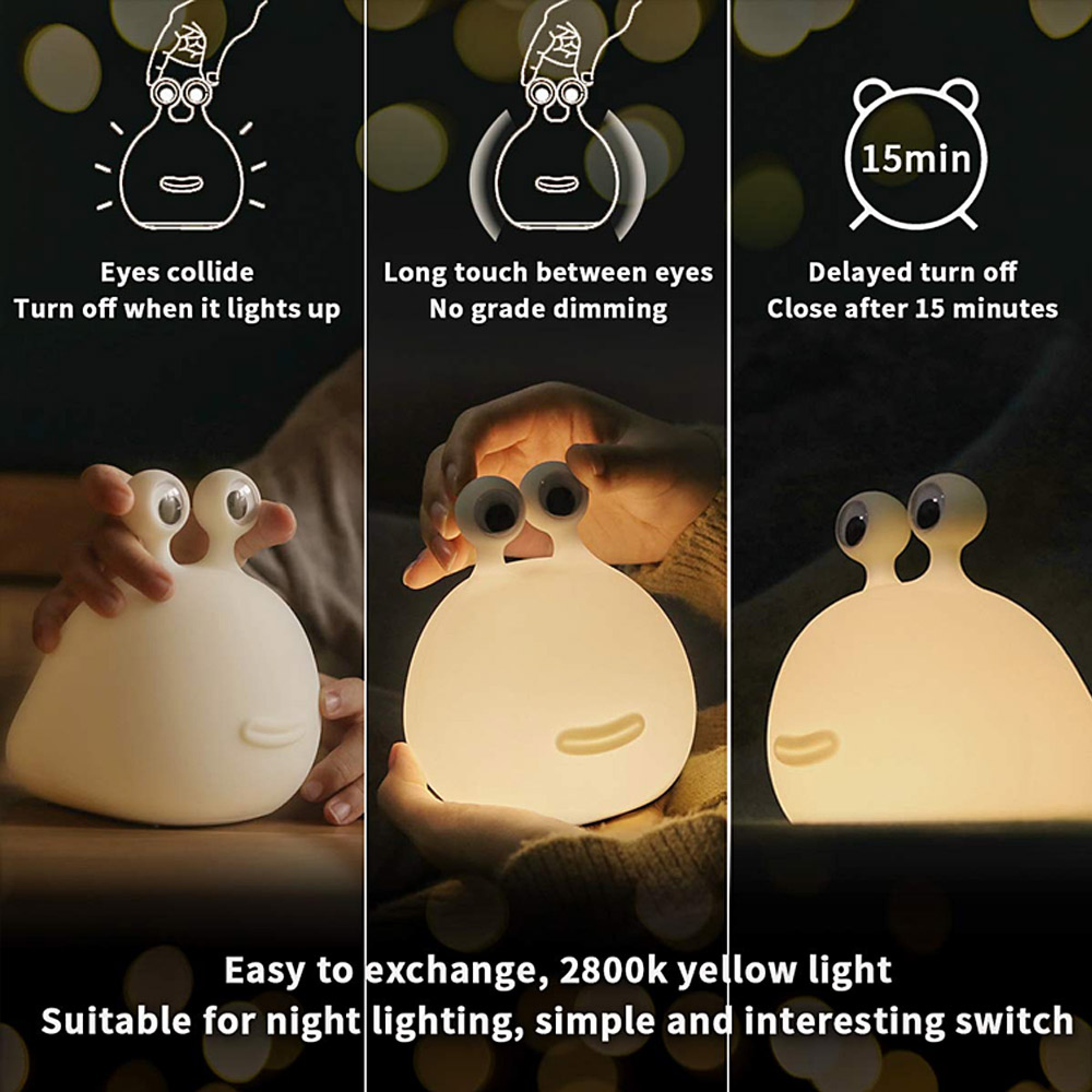 Drei Bilder zeigen eine weiße, schneckenförmige Nachttischlampe mit Funktionen wie Augenkontakt zum Ein- und Ausschalten.