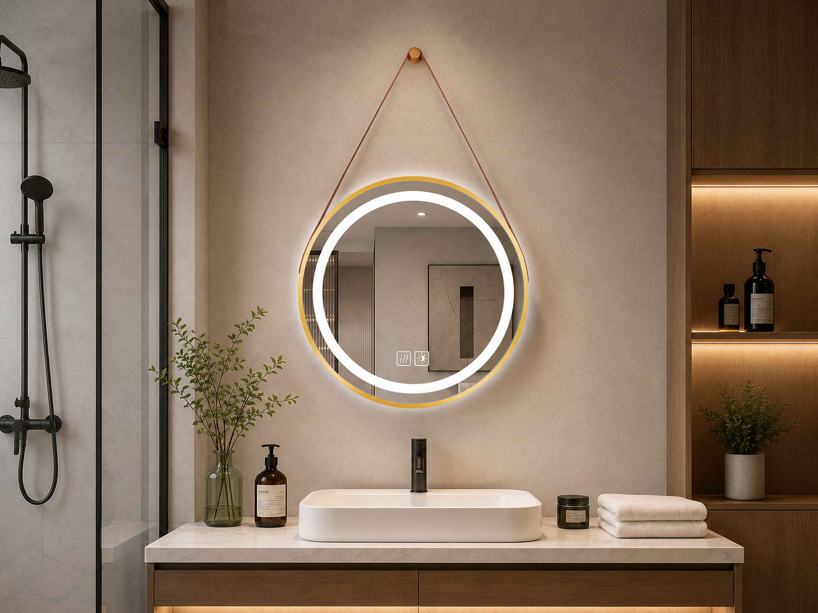Beleuchteter runder Spiegel mit goldenem Rahmen und Riemen über einem modernen Waschbecken im Badezimmer.